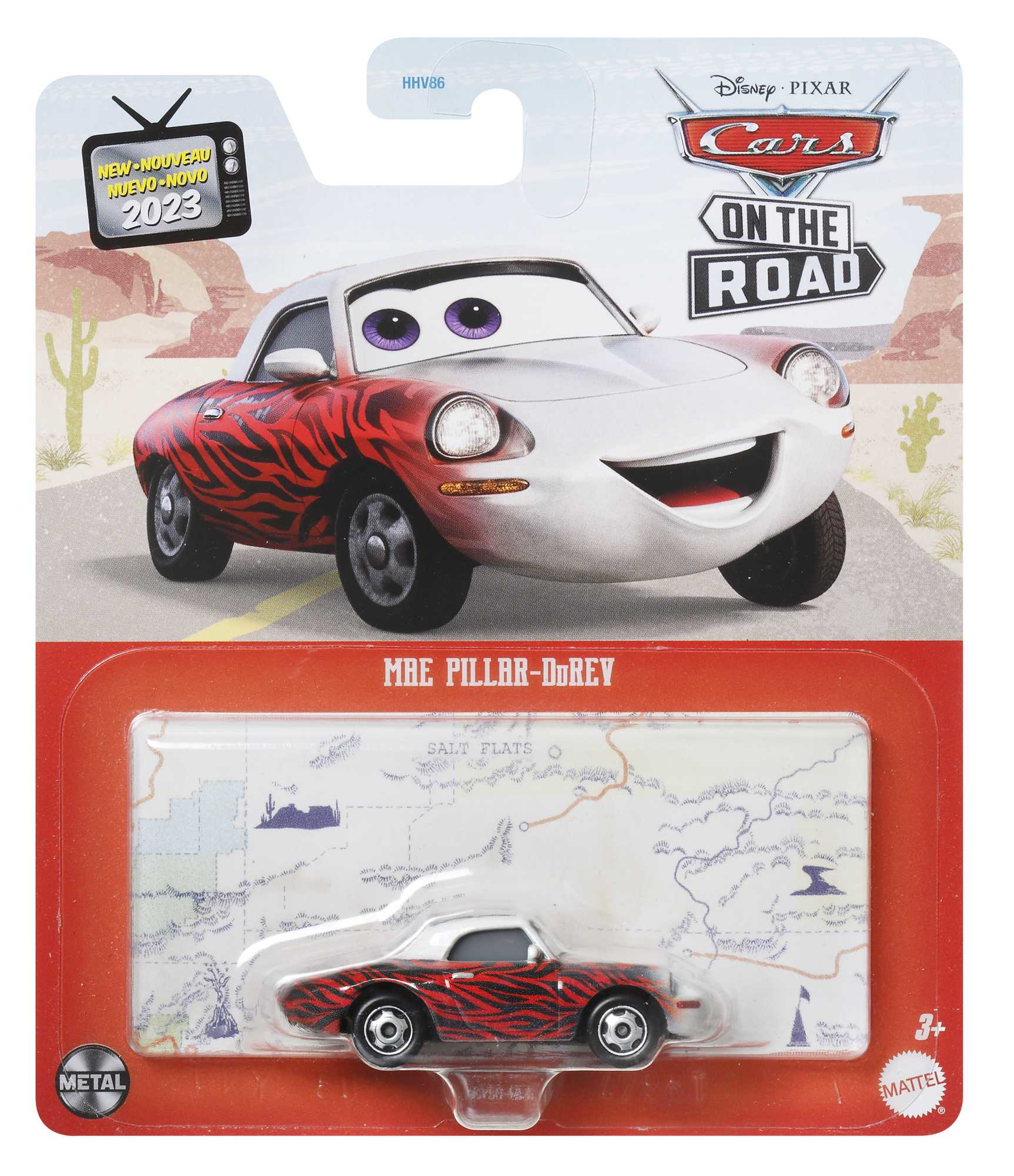 Ein Spielzeugauto in der Verpackung. Es ist weiß, mit roten Zebrastreifen und weißem Dach.