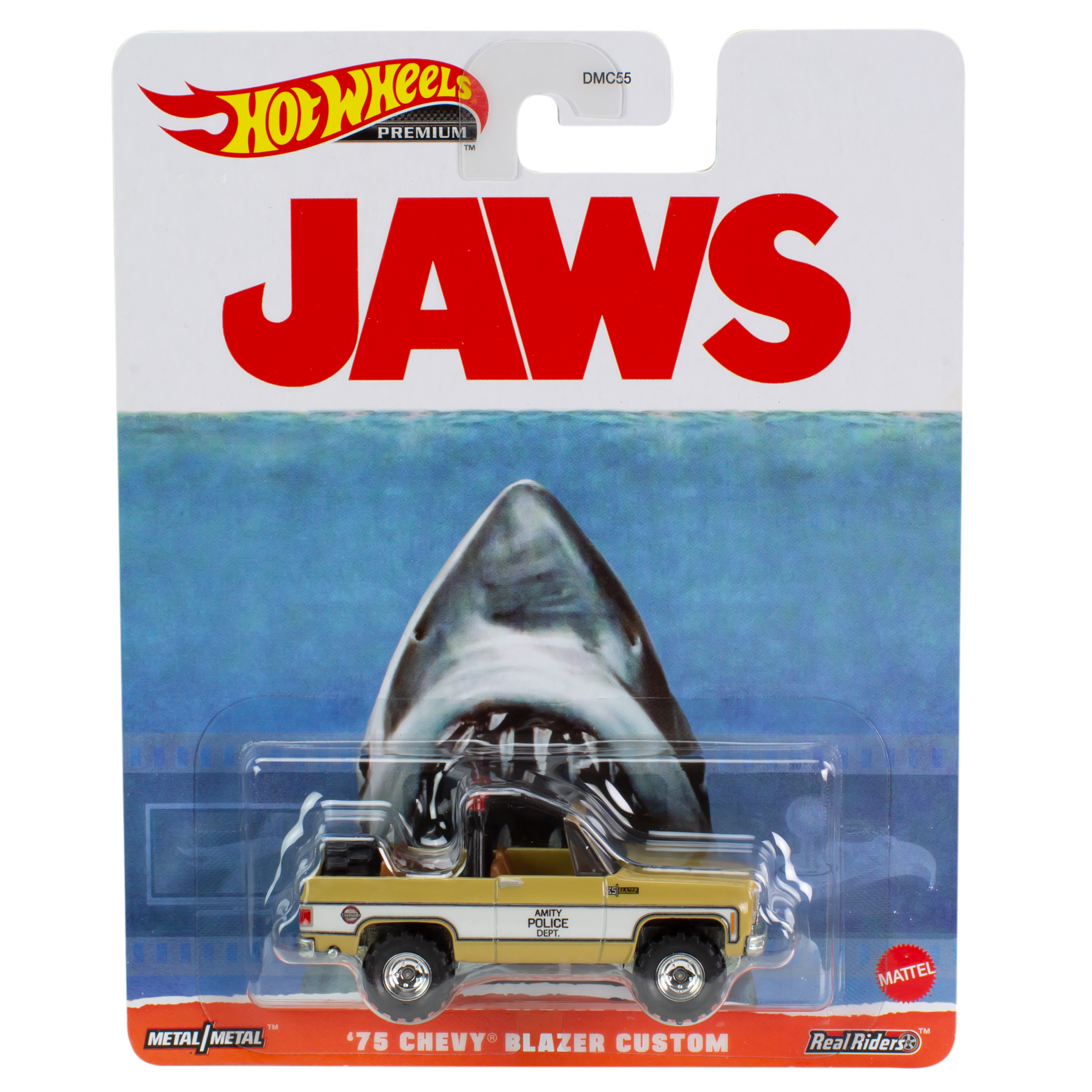 Samochód zabawkowy Hot Wheels Jaws '75 Chevy Blazer. Grafika rekina w tle.
