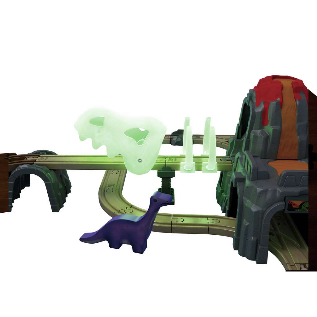 Zestaw zabawek z dinozaurami, z torem, fioletowym dinozaurem i wulkanem.