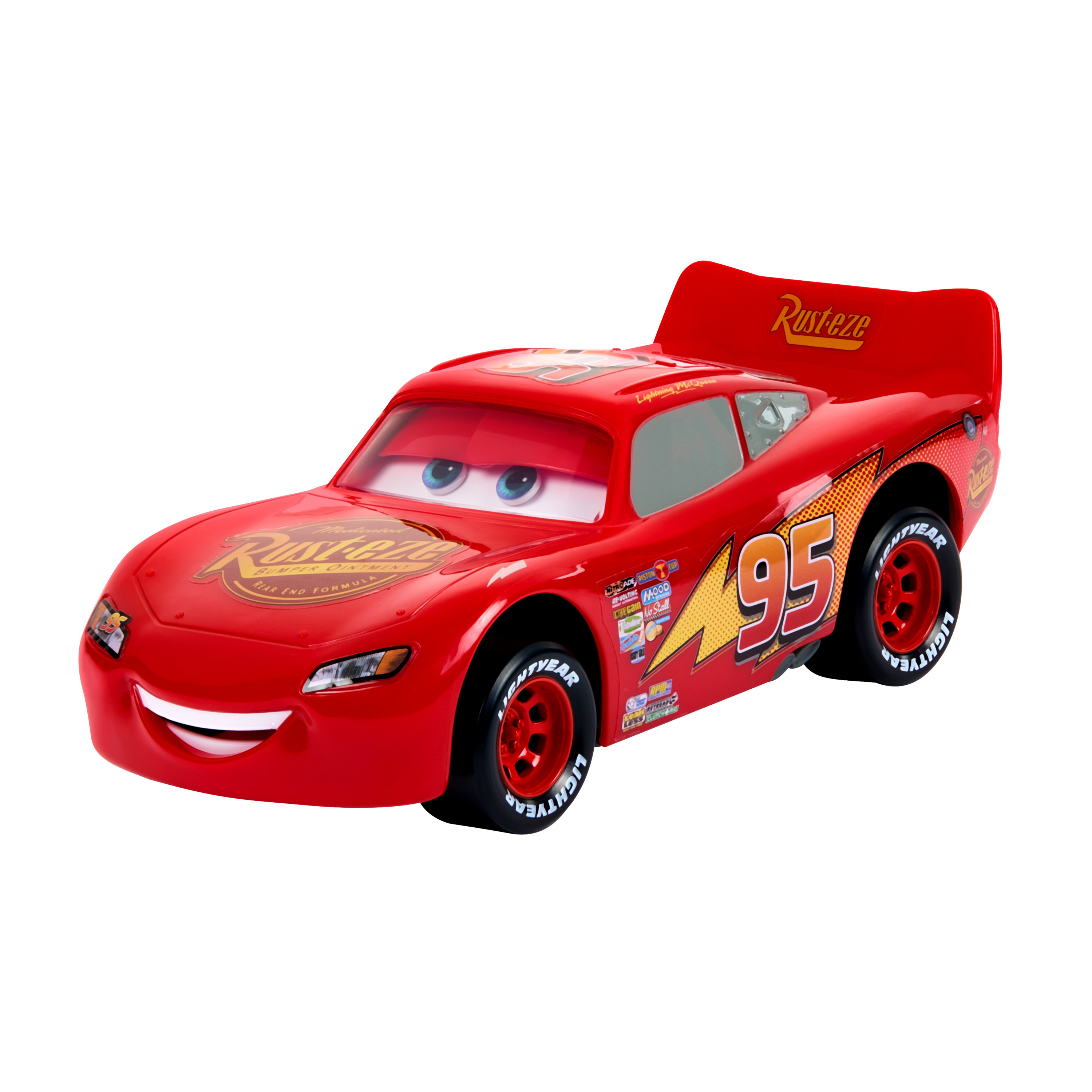 Czerwony zabawkowy samochód Lightning McQueen z białymi oczami i numerem 95. Samochód jest na białym tle.