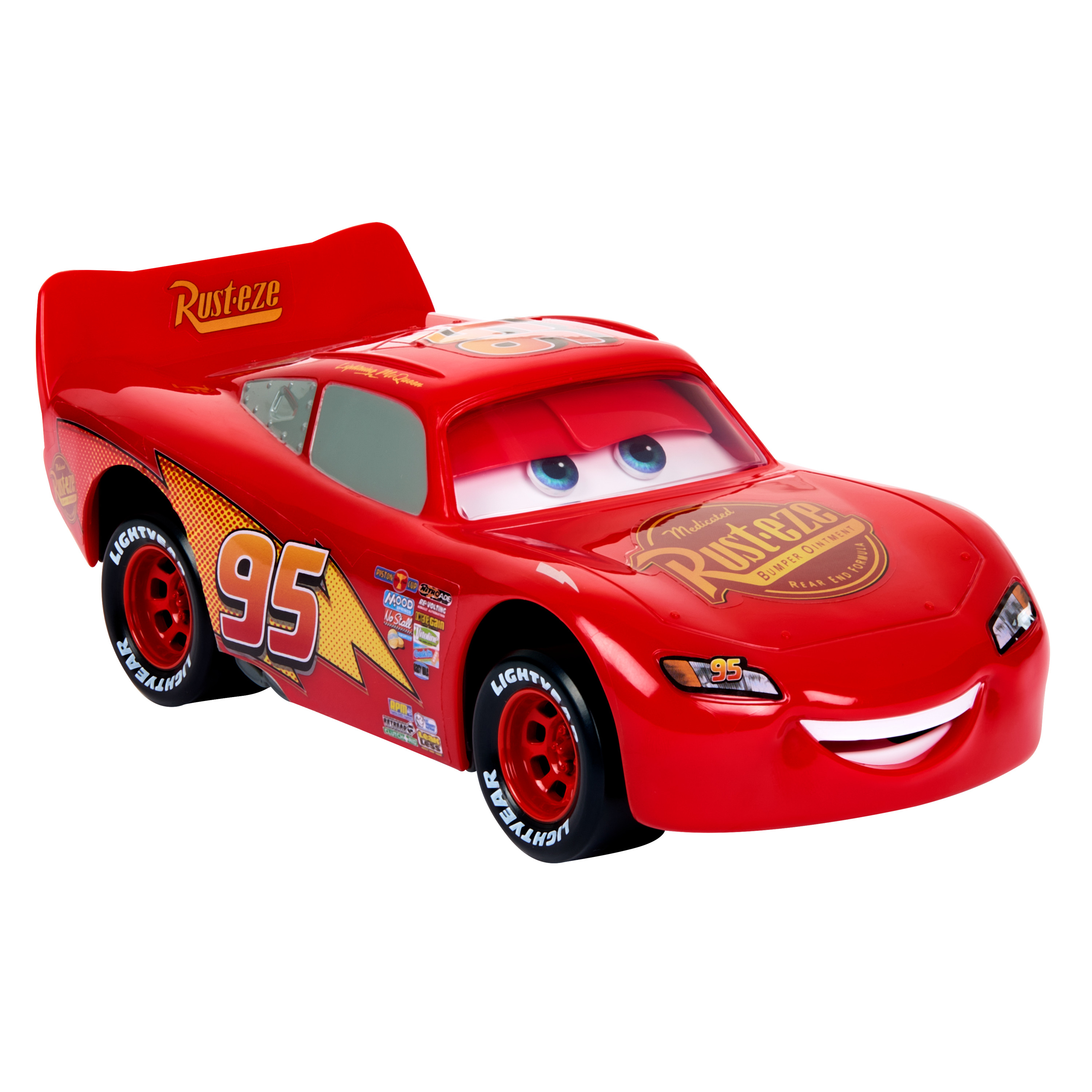 Czerwony zabawkowy samochód Lightning McQueen z numerem 95. Samochód ma białe oczy i logo Rusteze. Jest na białym tle.