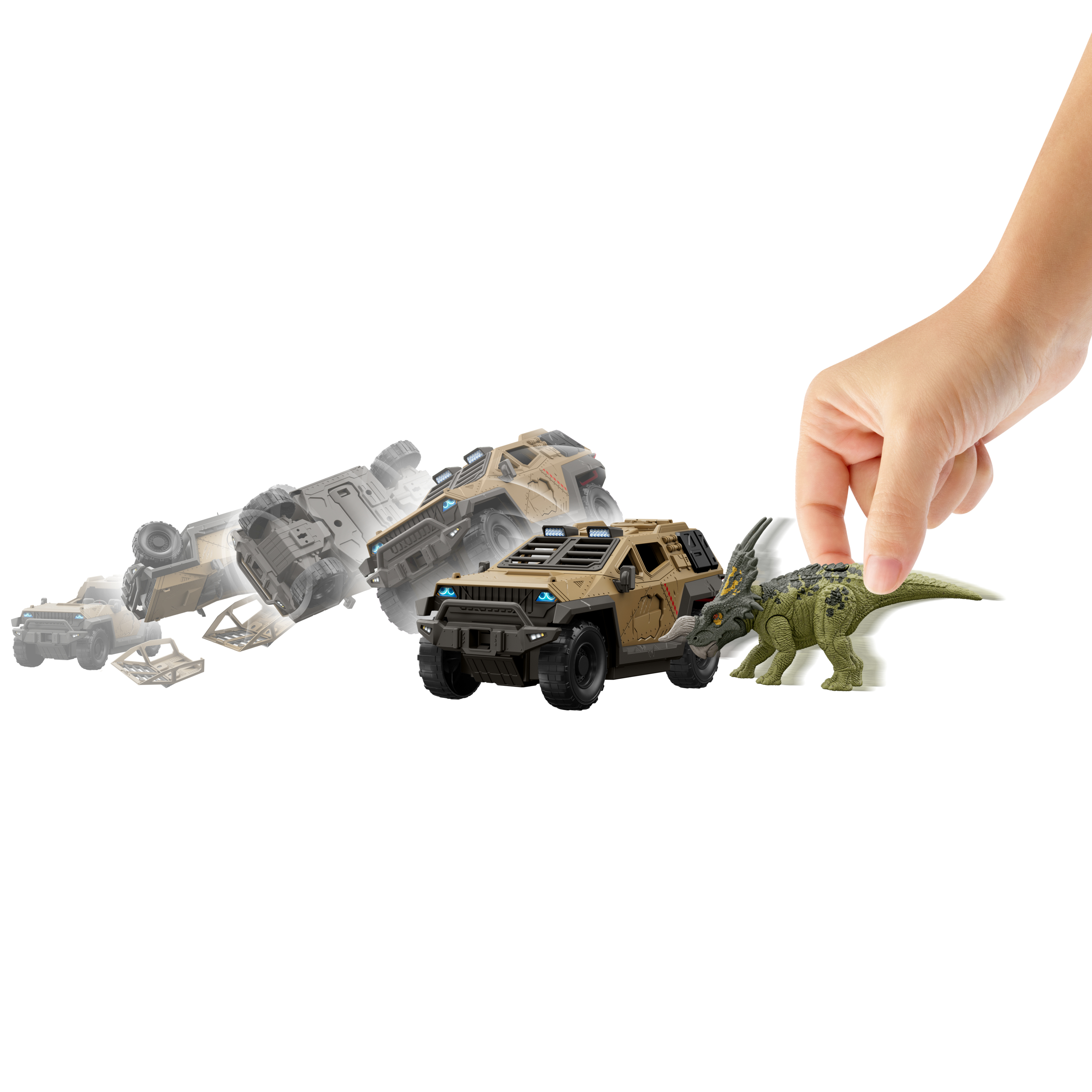 Spielzeugauto und Dinosaurier-Set. Eine Hand hält einen grünen Dinosaurier. Weißer Hintergrund.