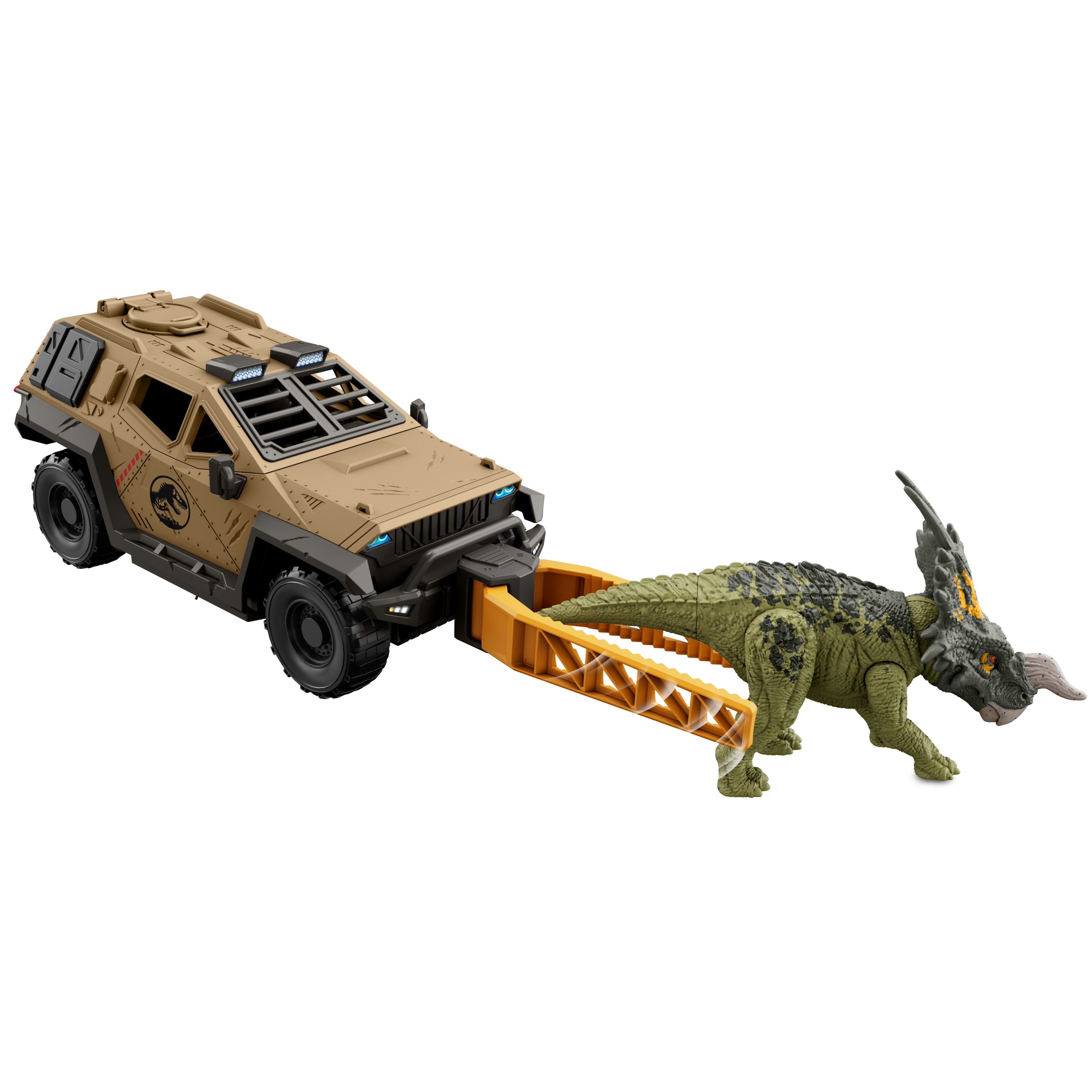 Ein Spielzeugauto mit einem Dinosaurier. Ein beiger SUV mit einem Dinosaurier-Spielzeug wird transportiert.