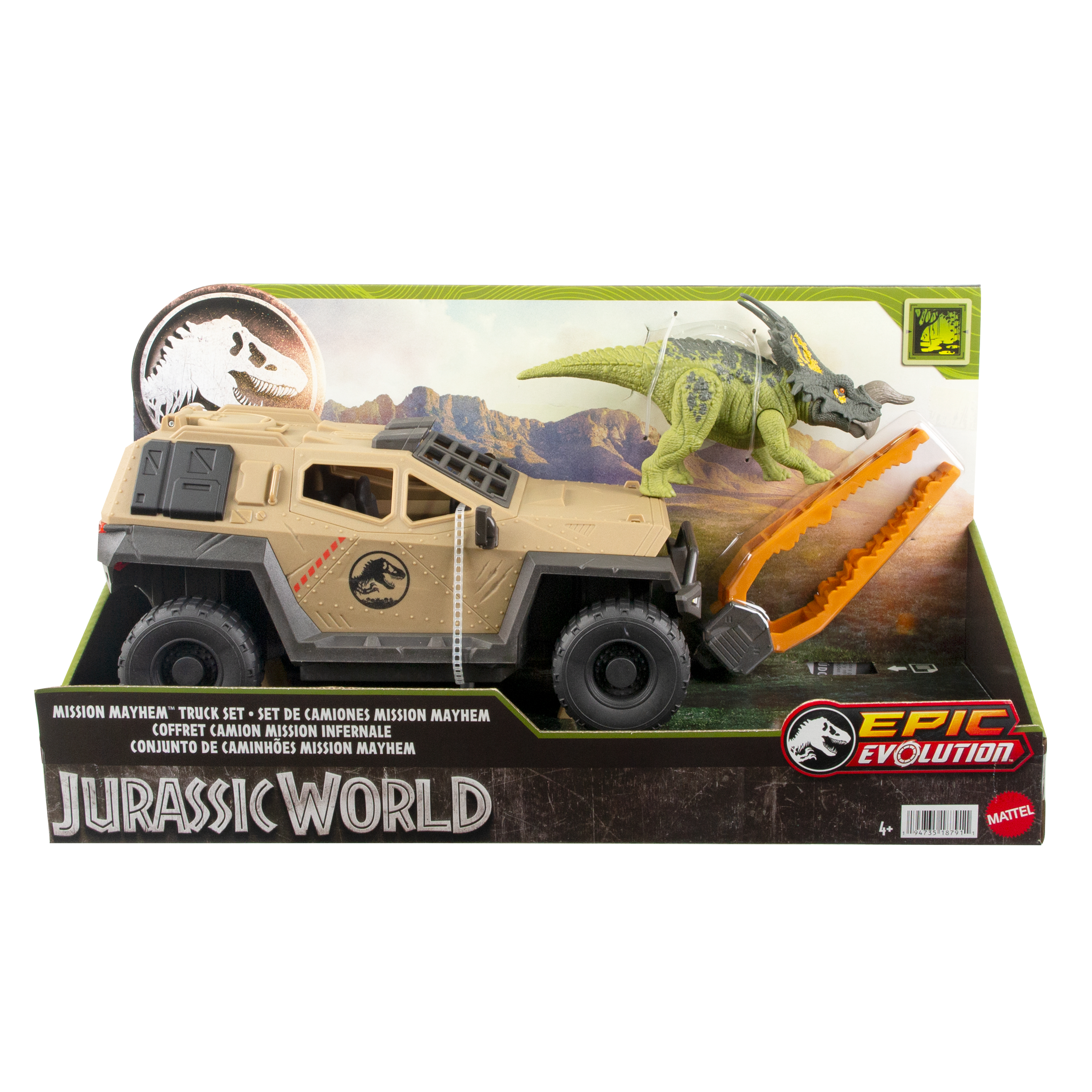 Ein Jurassic World Spielzeug-Set mit einem beigefarbenen LKW und einem grünen Dinosaurier.