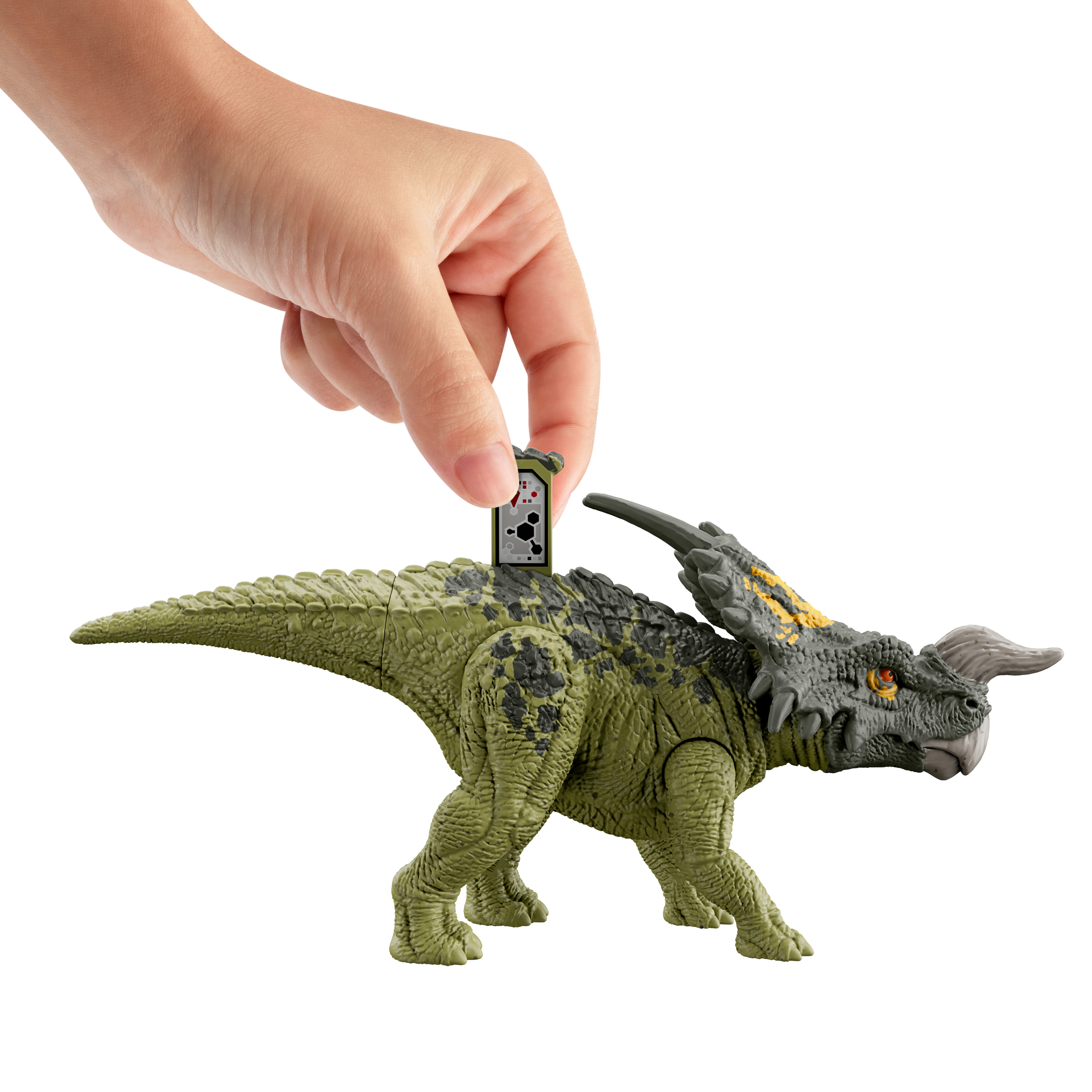 Eine Hand, die einen Spielzeug-Dinosaurier hält. Eine kleine Karte wird in den Rücken des Dinosauriers gesteckt.