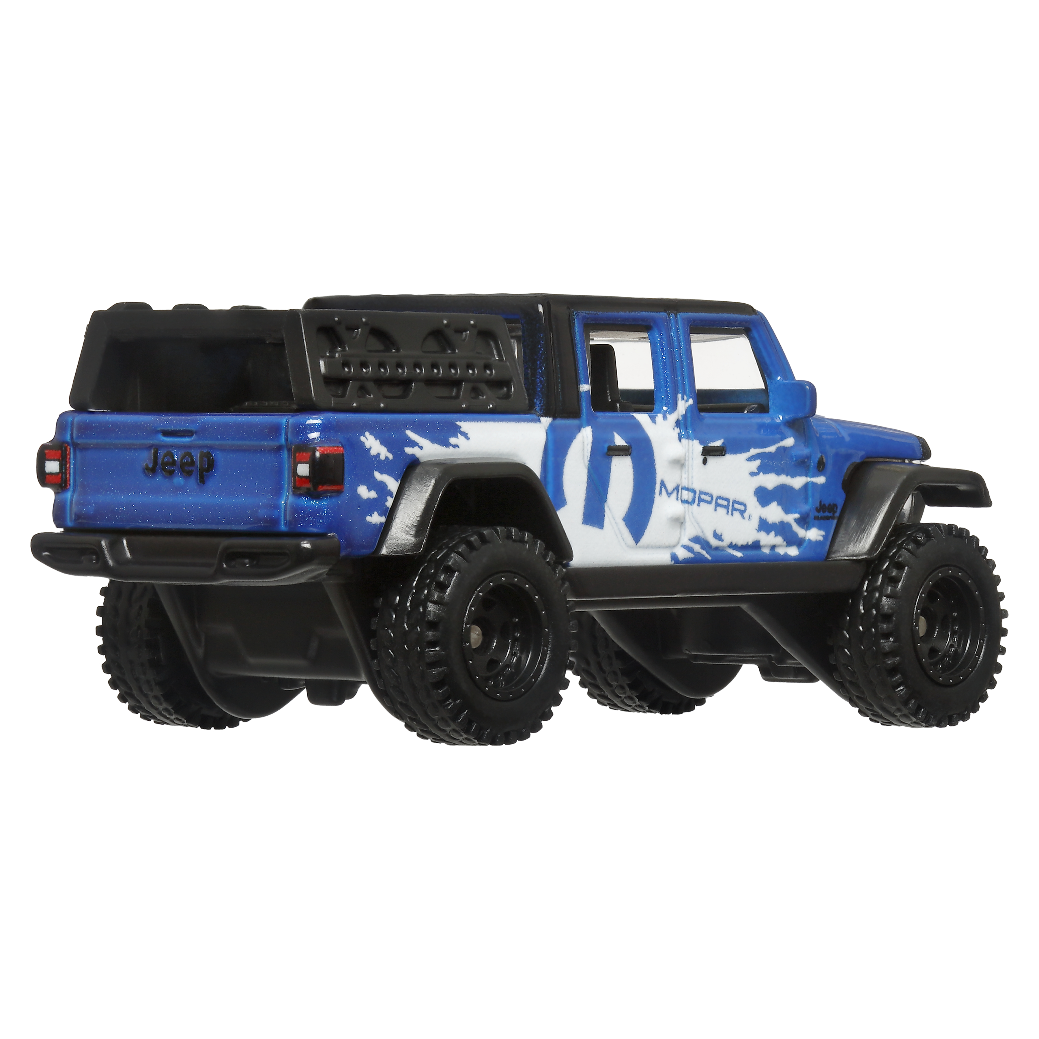 Blauer Jeep Mopar Spielzeug-LKW mit schwarzen Reifen auf weißem Hintergrund. Der LKW hat das Mopar-Logo und ein schwarzes Dach.