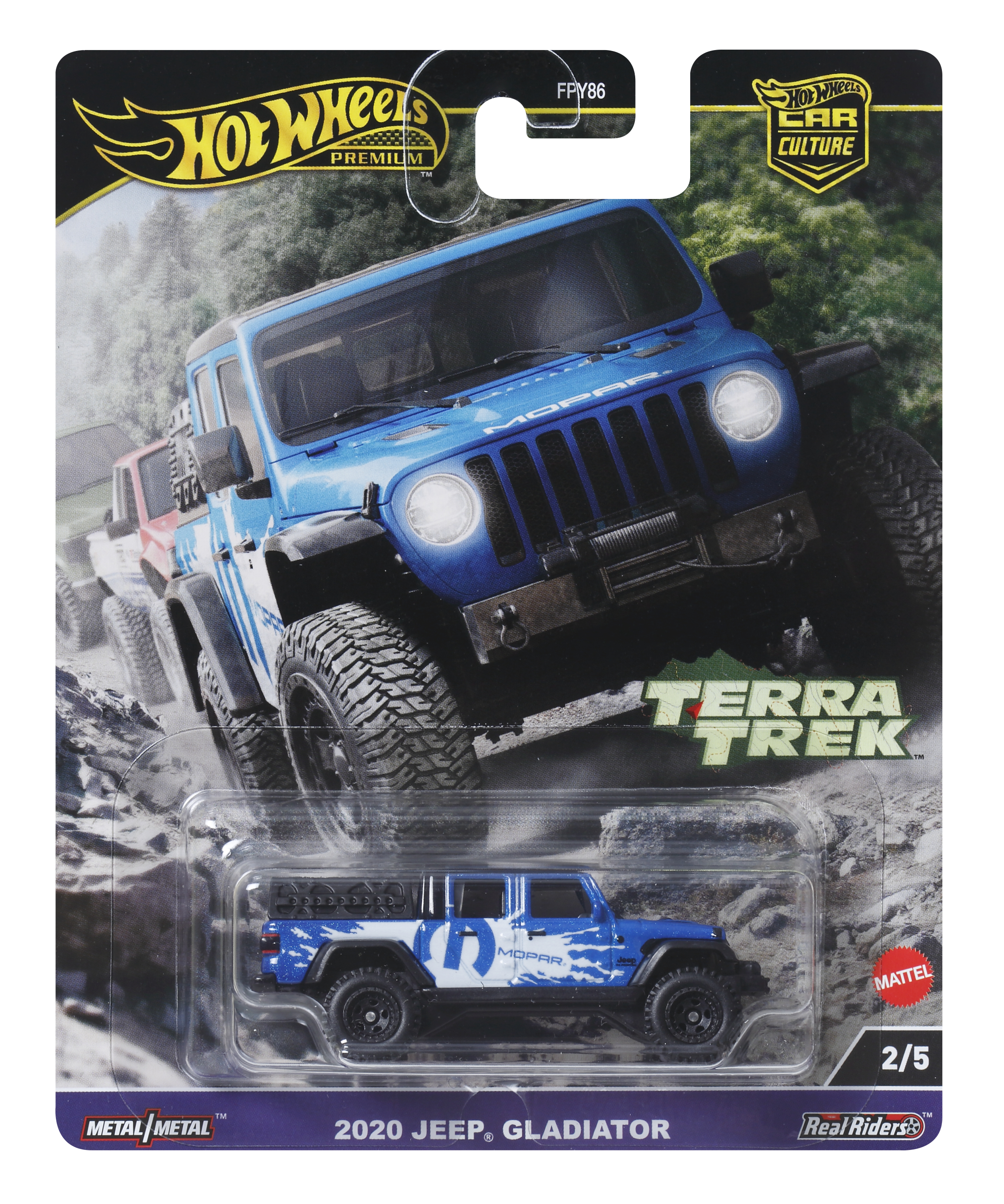 Ein Hot Wheels Autopaket, ein blauer Jeep mit weißen Mopar-Grafiken und Landschaftshintergrund.