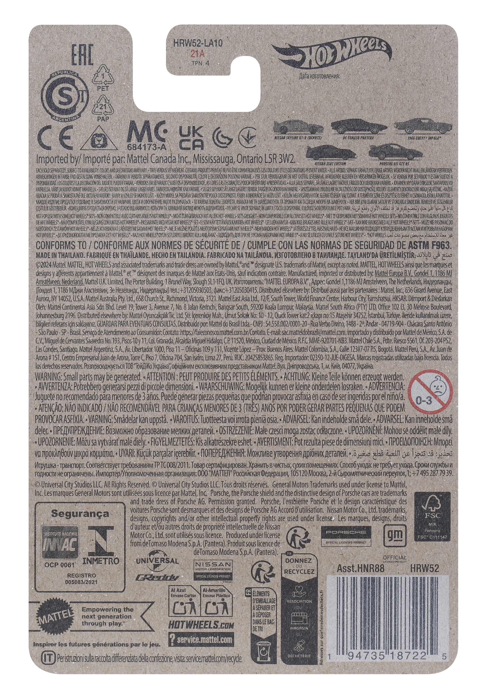 Rückseite einer Spielzeugverpackung. Text in mehreren Sprachen. Die Karte ist für ein Spielzeugauto.