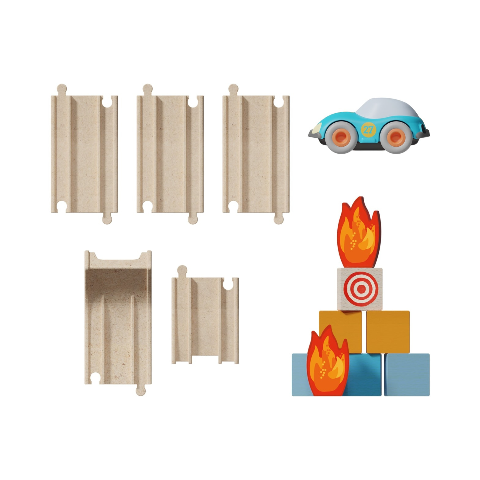 Binari giocattolo, un'auto blu e una struttura a blocchi con blocchi di legno e illustrazioni di fuoco.