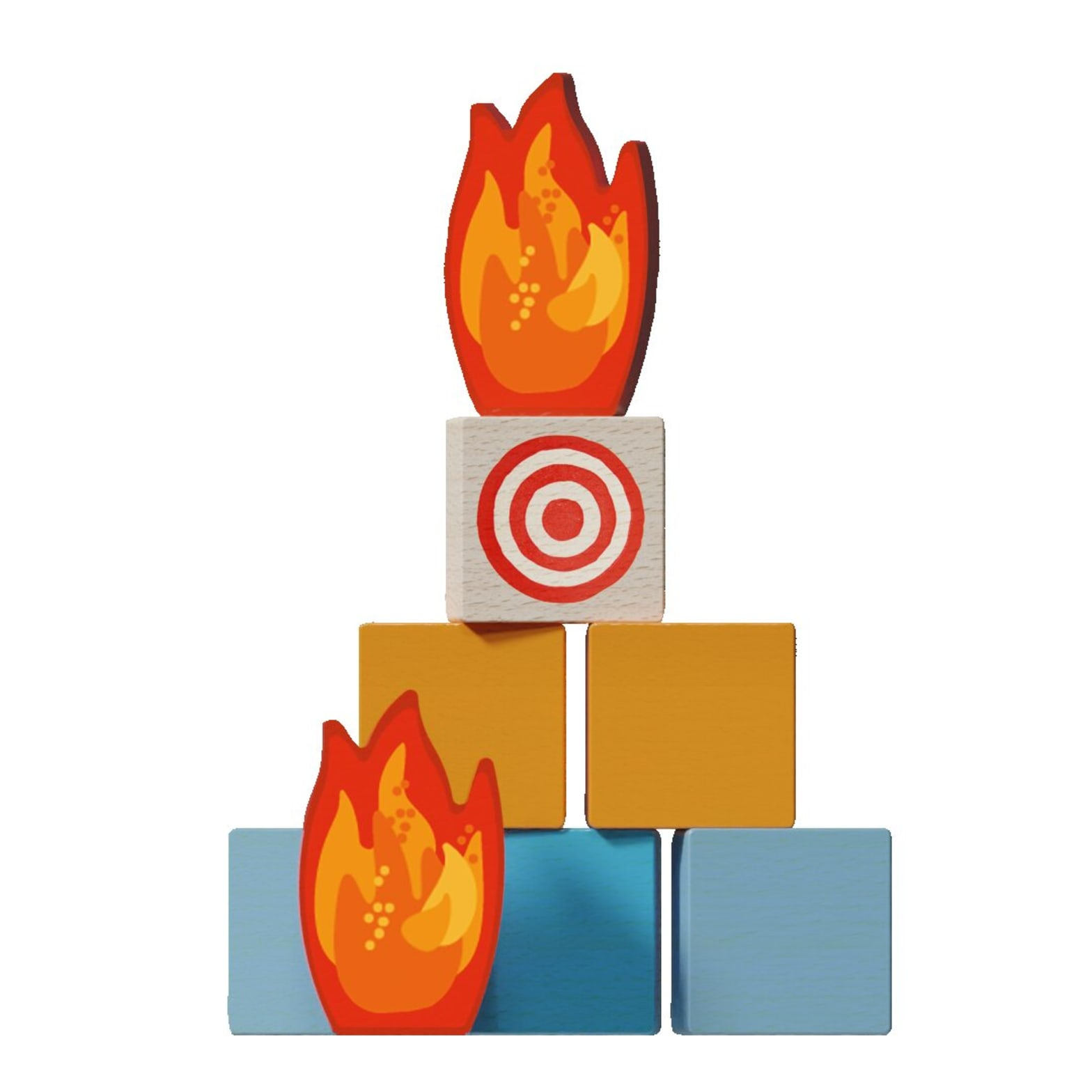 Blocchi di legno disposti come un fuoco. Fiamme in alto e in basso. Un blocco bersaglio al centro.