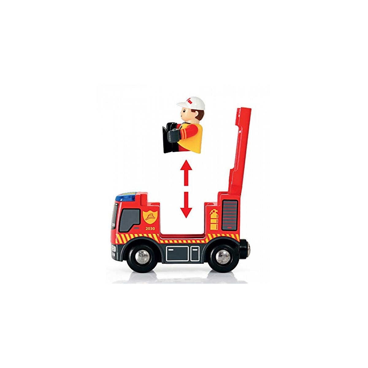 Czerwona zabawka wóz strażacki z figurką strażaka. Drabina jest wysunięta, a figurka znajduje się nad wozem.