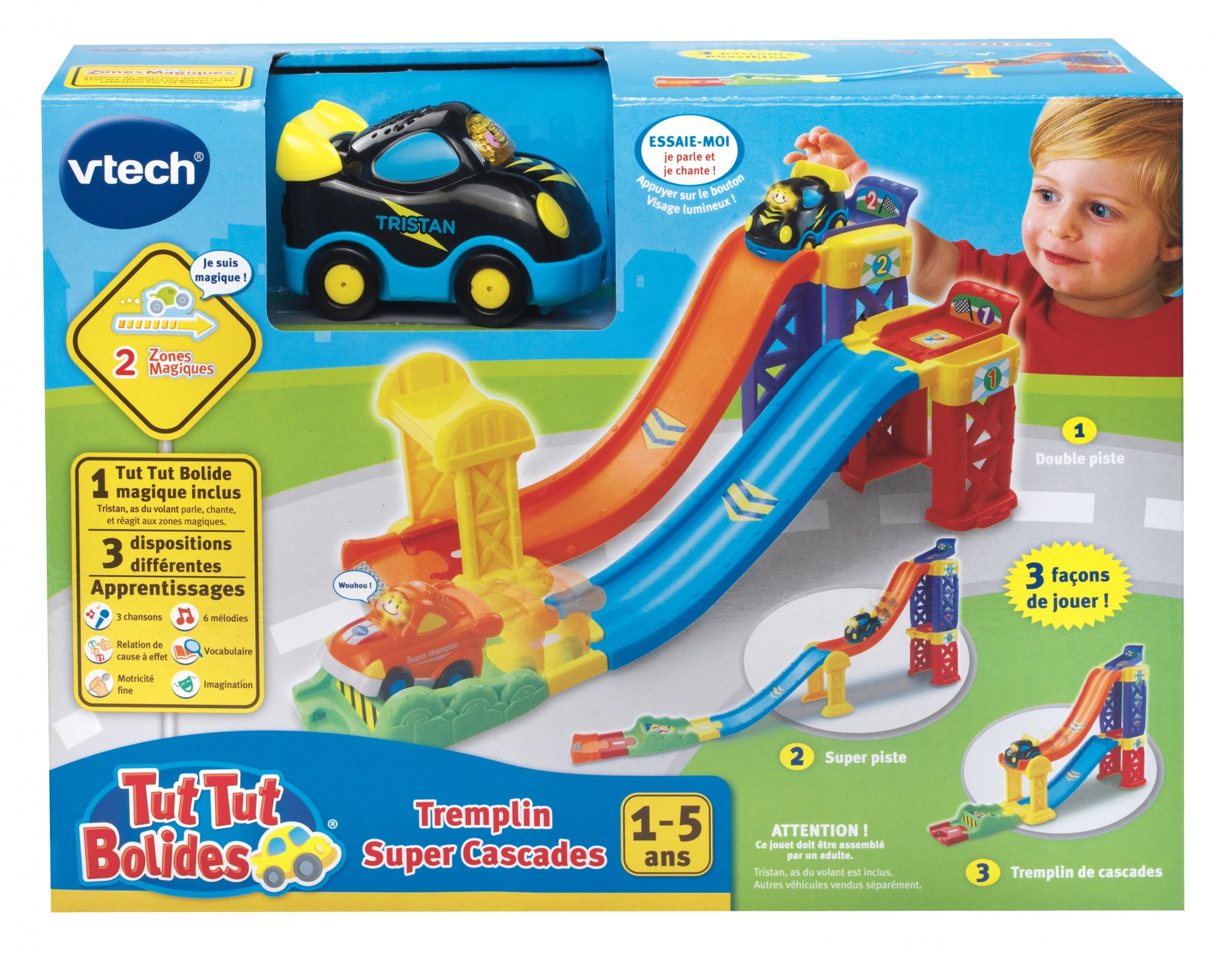 Zabawkowa trasa wyścigowa z dwoma rampami i samochodem. Pokazano również pudełko.