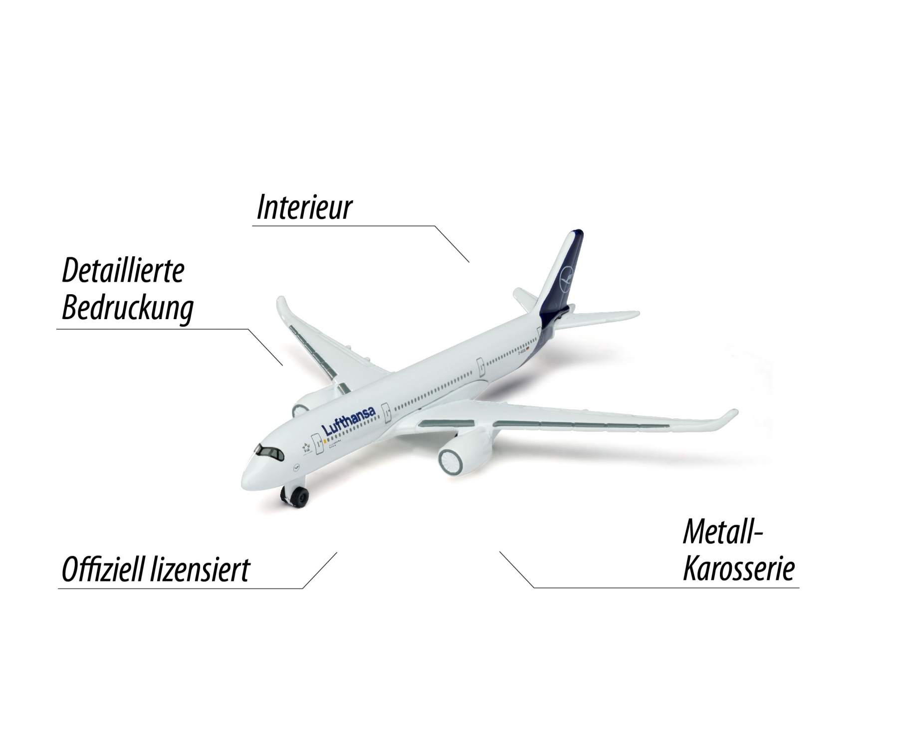 Spielzeugflugzeug auf weißem Hintergrund. Lufthansa-Logo ist zu sehen.