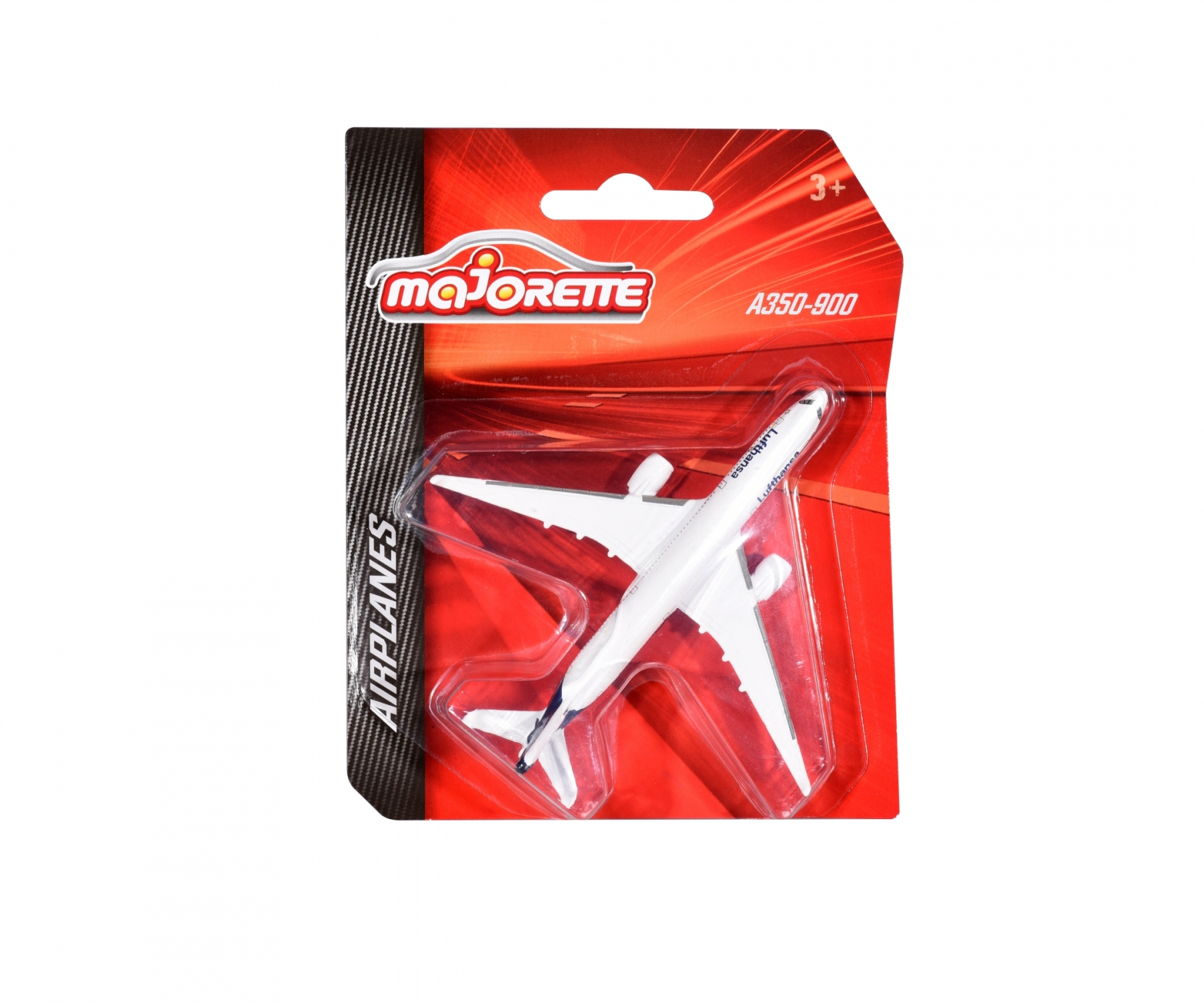Spielzeugflugzeug in einer Verpackung, roter Hintergrund, weißes Flugzeug, Markenname.