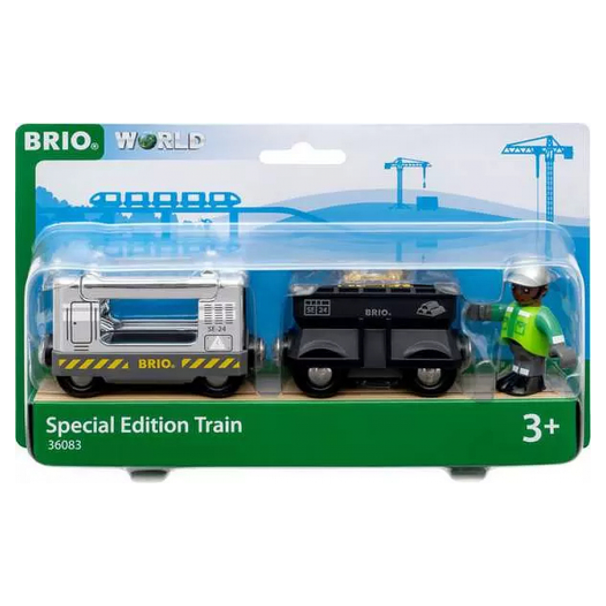 Zestaw zabawek pociągów Brio World w pudełku. Zawiera srebrny i czarny wagon.