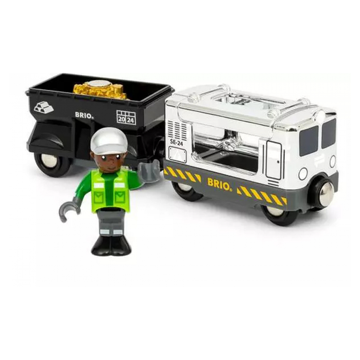 Zestaw pociągów Brio z figurką pracownika. Pociąg ma dwa wagony: jeden czarny, drugi srebrny.