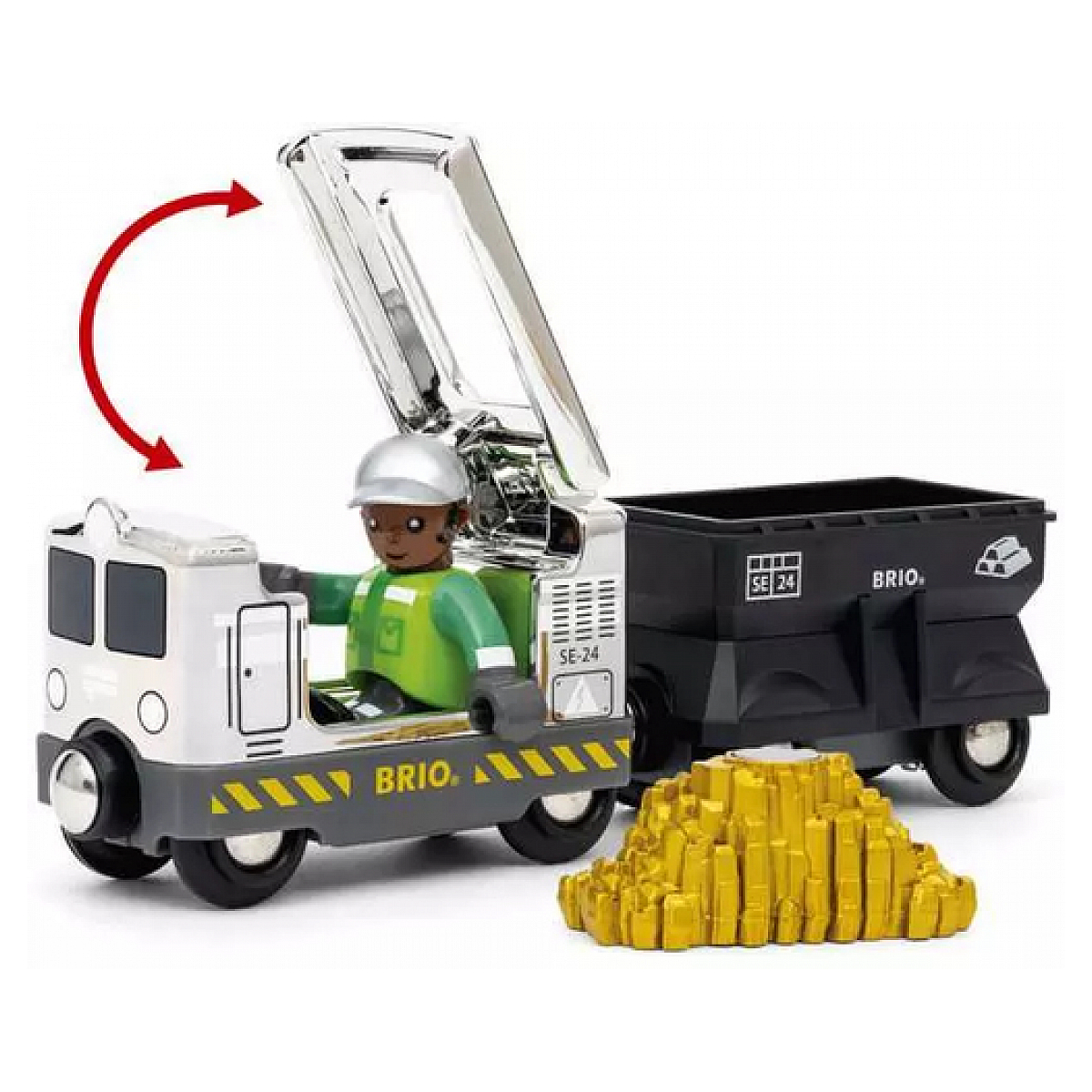 Zabawkowa kolejka z kierowcą, przyczepą i złotymi blokami. Strzałka wskazuje mechanizm podnoszenia.