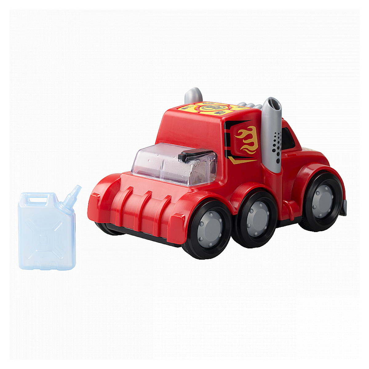 Czerwona zabawka ciężarówka z płomieniami i kanistrem. Ma twarz z przodu.