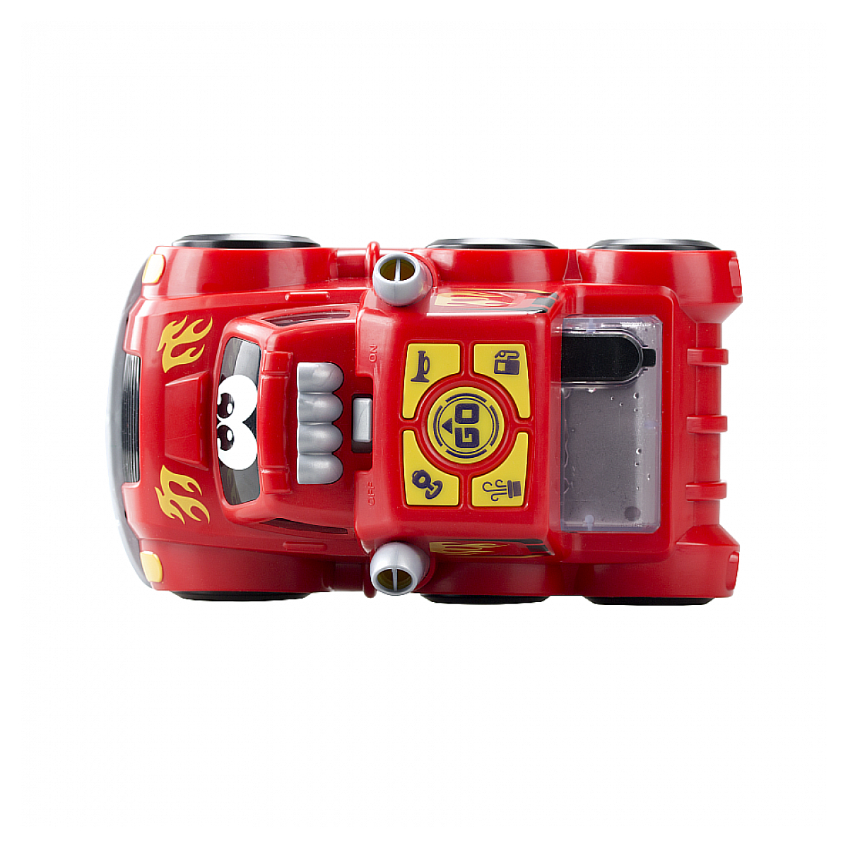 Czerwony samochodzik, widok z góry, z twarzą i płomieniami. Ma przyciski i przegródkę.
