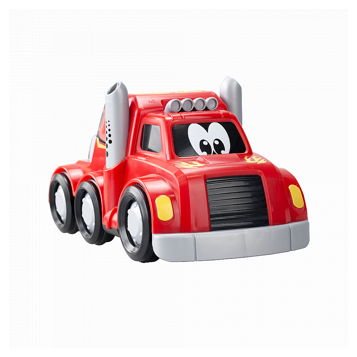 Czerwona zabawka ciężarówka z uśmiechniętą twarzą i dużymi rurami wydechowymi.