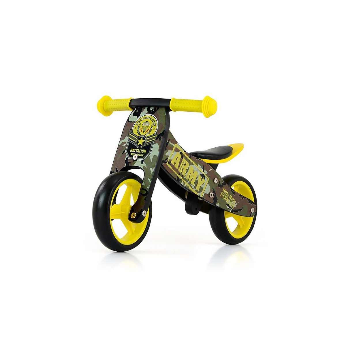 Una bici senza pedali verde e mimetica con dettagli gialli.