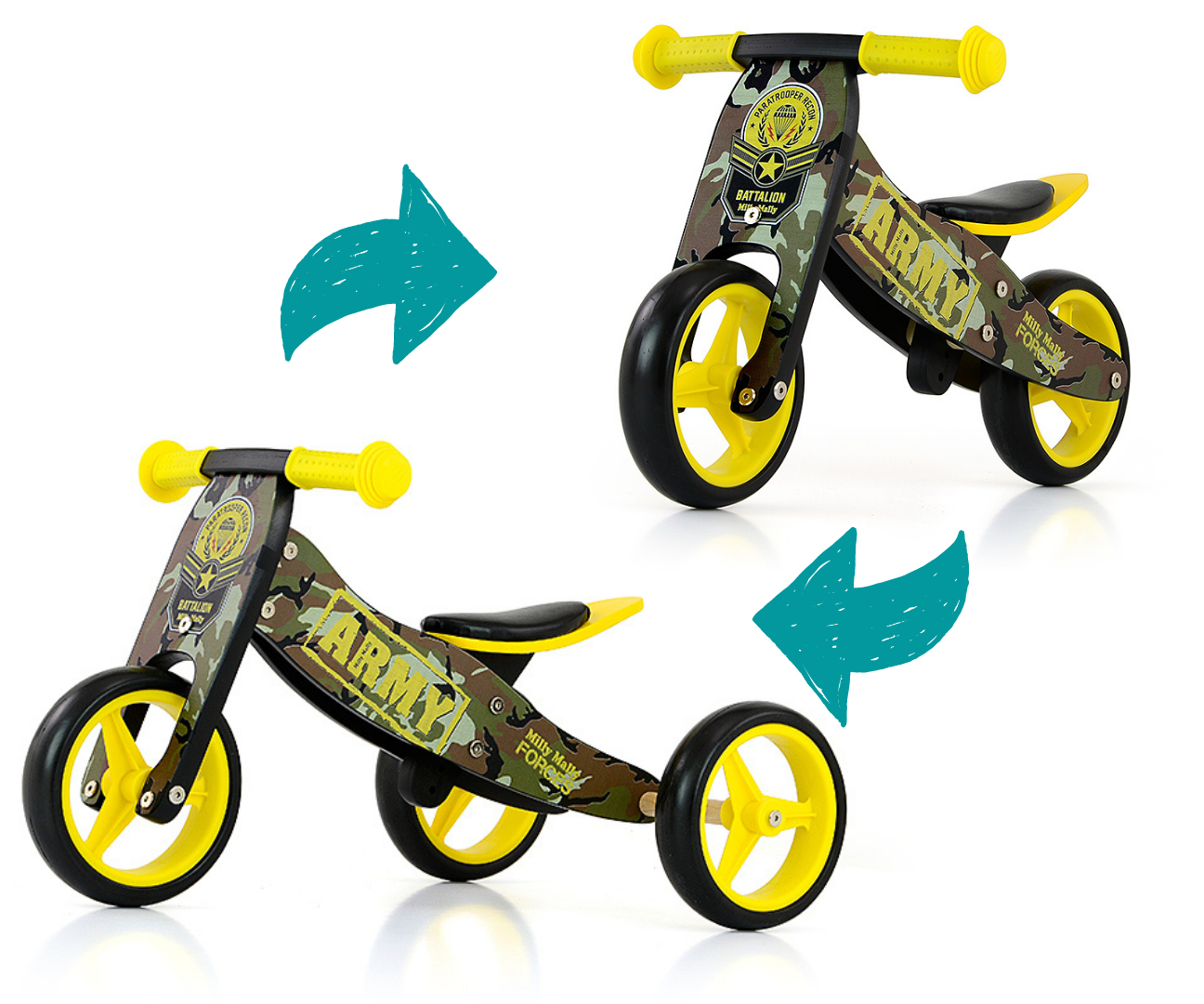Due bici senza pedali giocattolo, una assemblata, una smontata. Schema di colori verde e giallo.