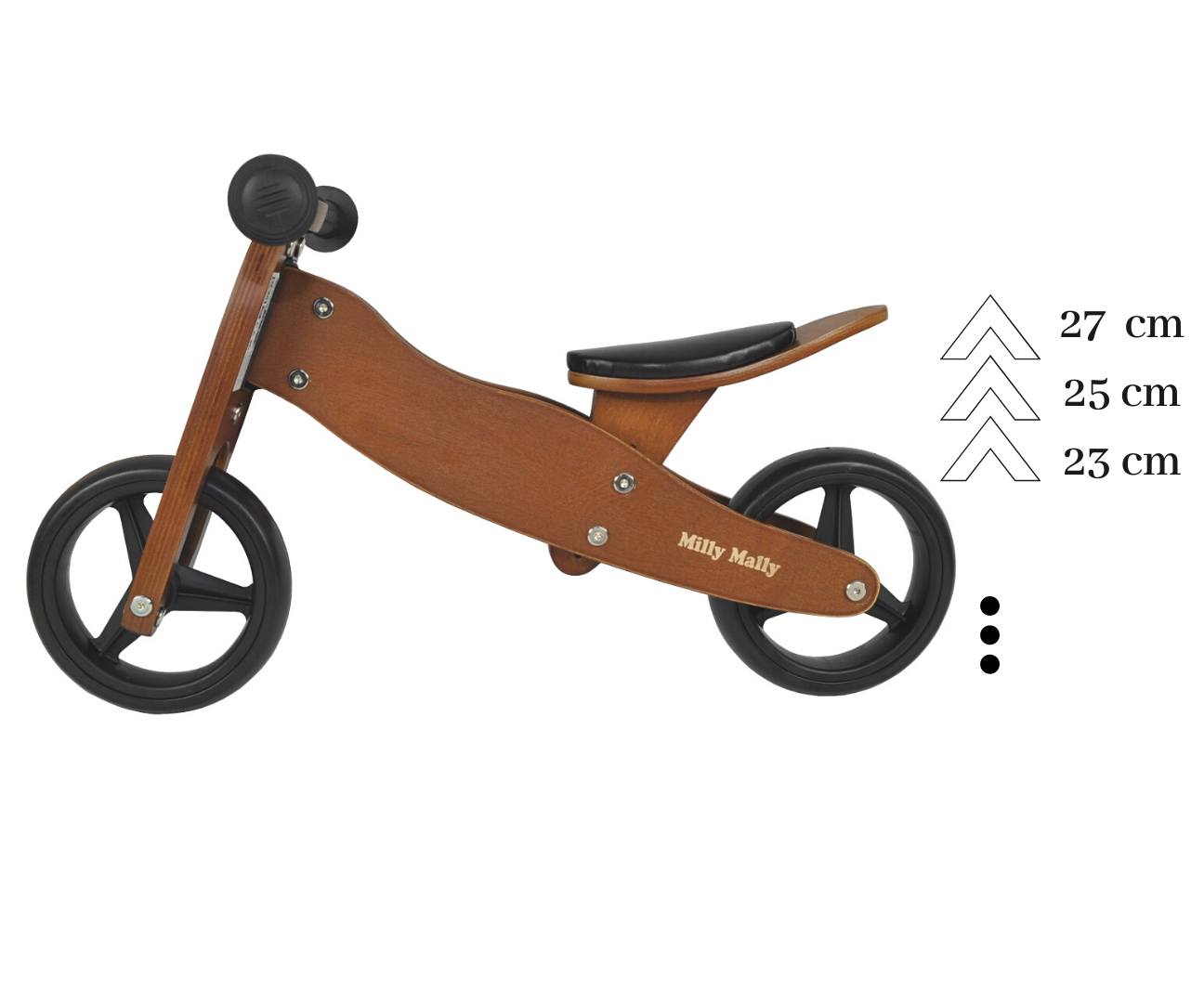 Bici senza pedali in legno con sella e pneumatici neri e misure in cm.