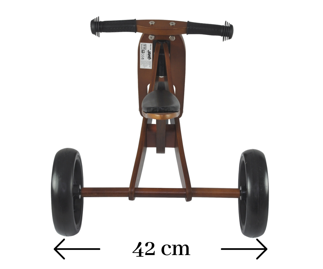 Bici senza pedali in legno con sella e pneumatici neri, vista frontale, e misure in cm.