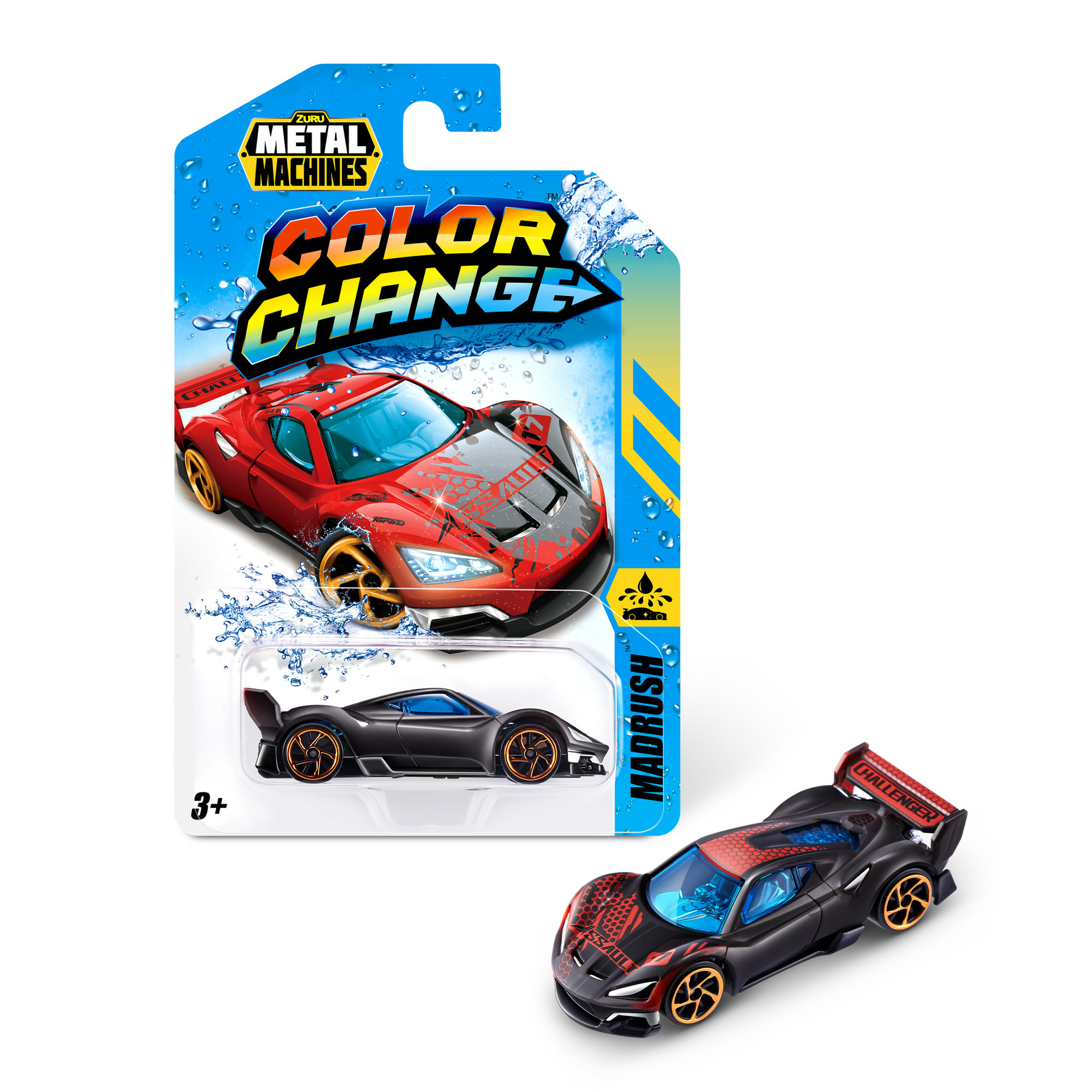 Zabawkowy samochód w opakowaniu. Czerwony samochód z czarnymi detalami. Białe tło.