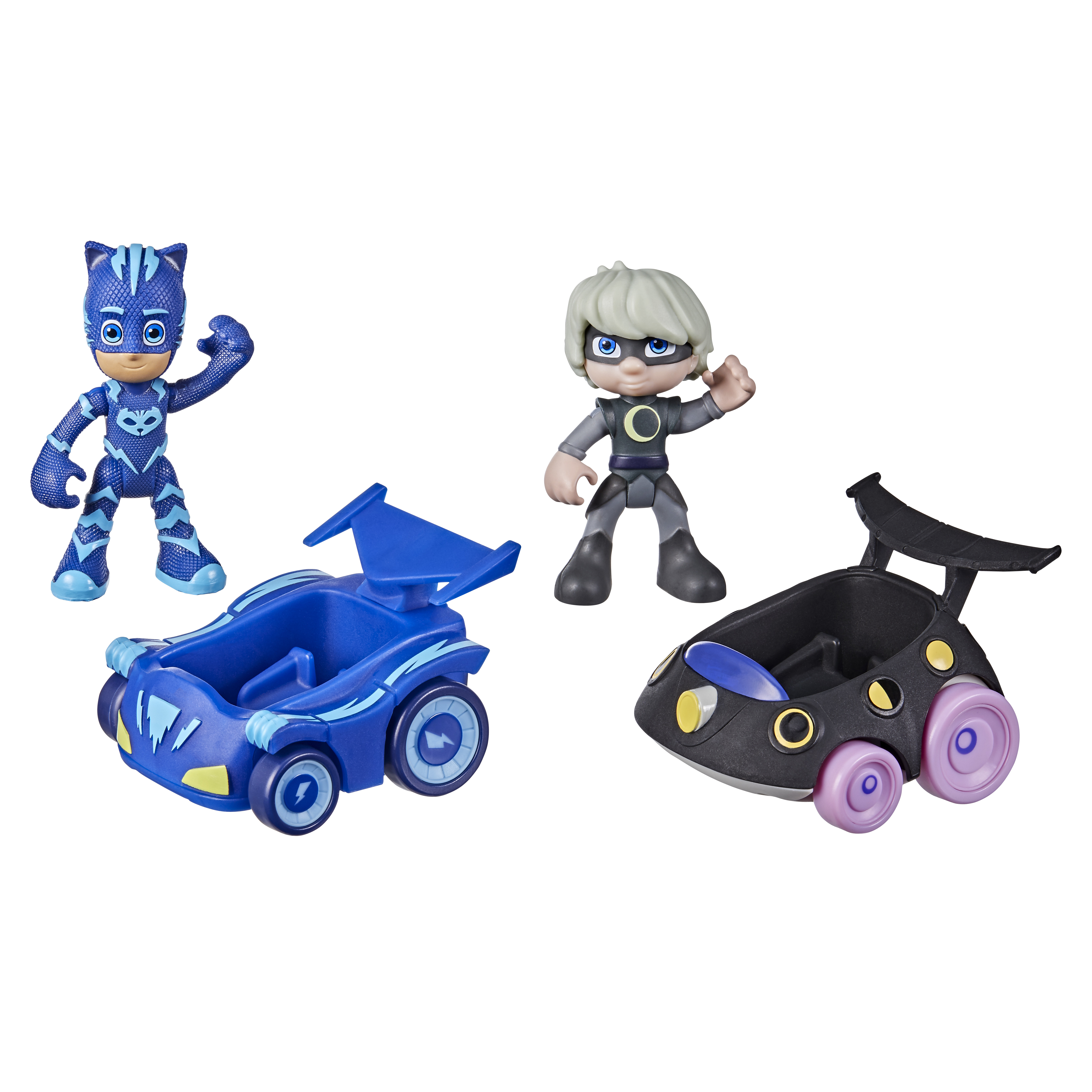 Dwie figurki PJ Masks z samochodami. Niebieski samochód z niebieską figurką, czarny z białą figurką.