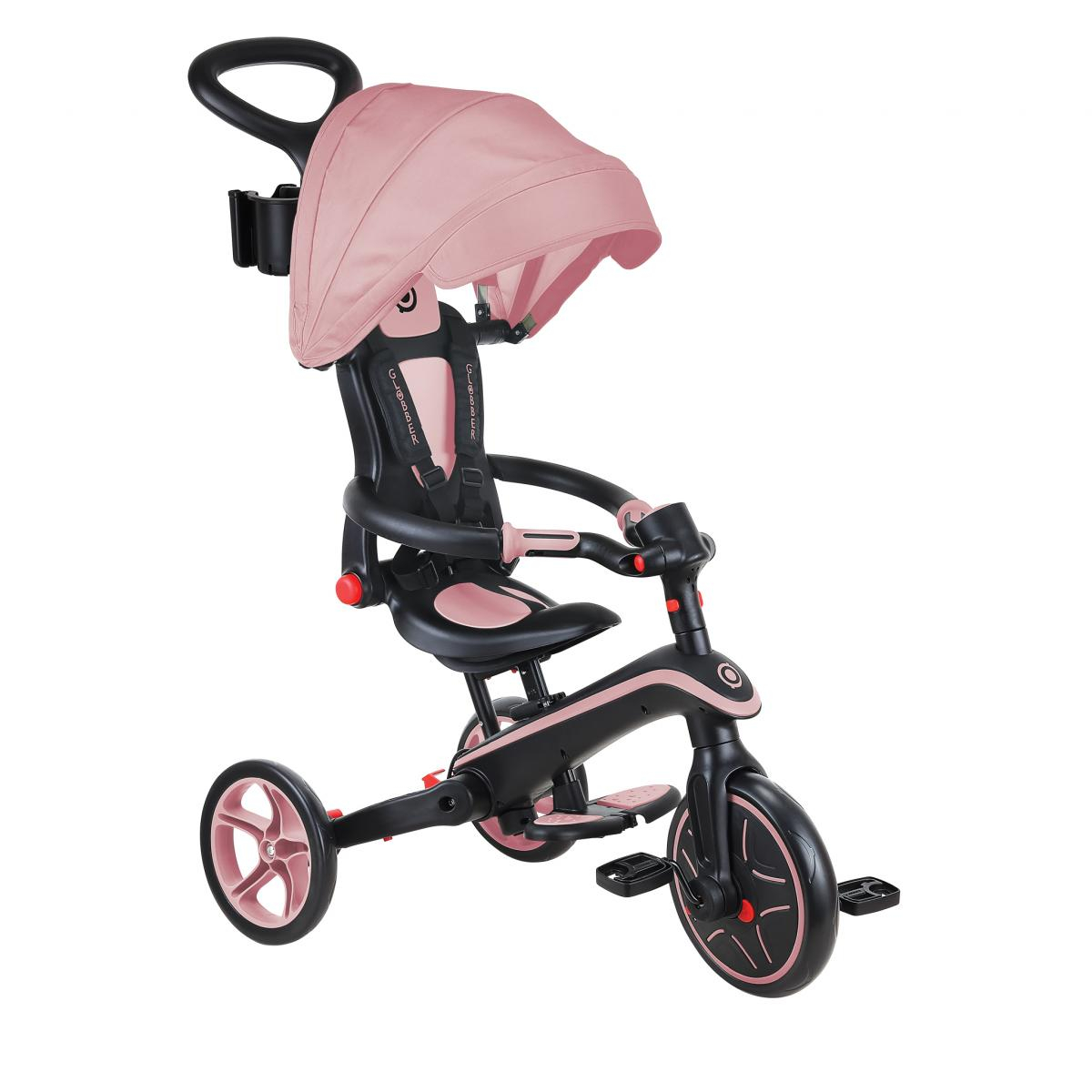 Un triciclo rosa e nero con parasole rosa. Ha una maniglia per i genitori.