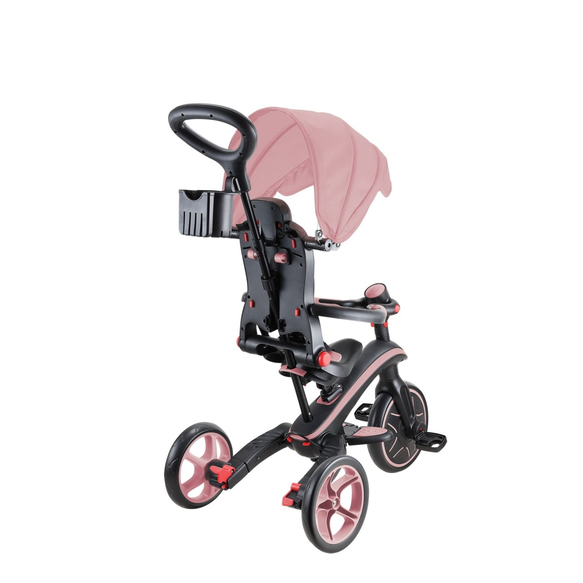 Un triciclo rosa e nero con parasole e maniglia per genitori, su sfondo bianco.