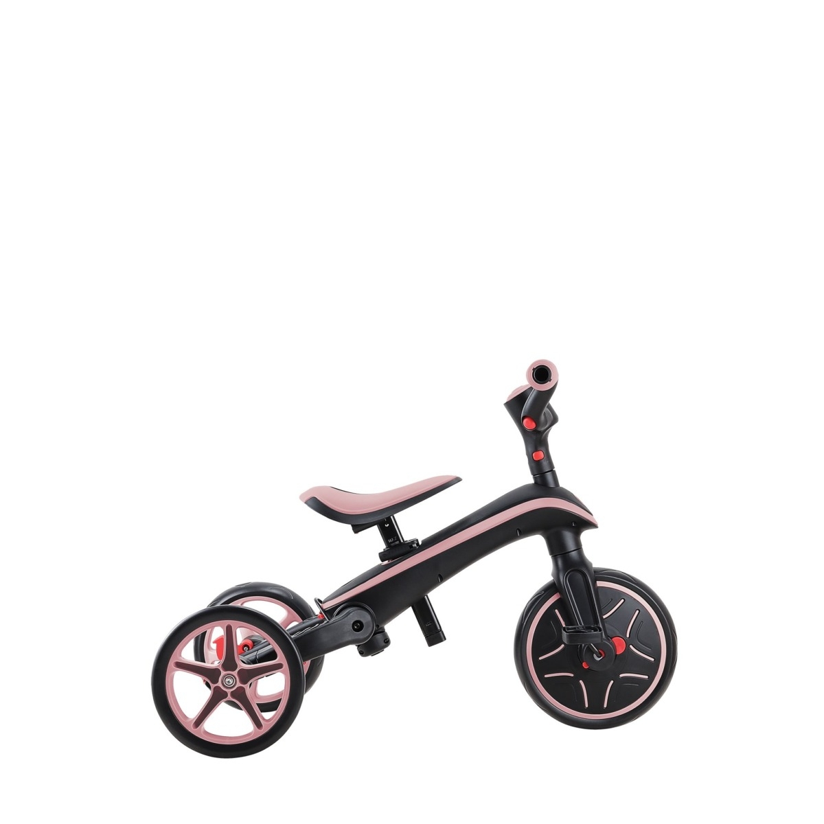 Un triciclo rosa e nero per bambini, con tre ruote e un sedile.