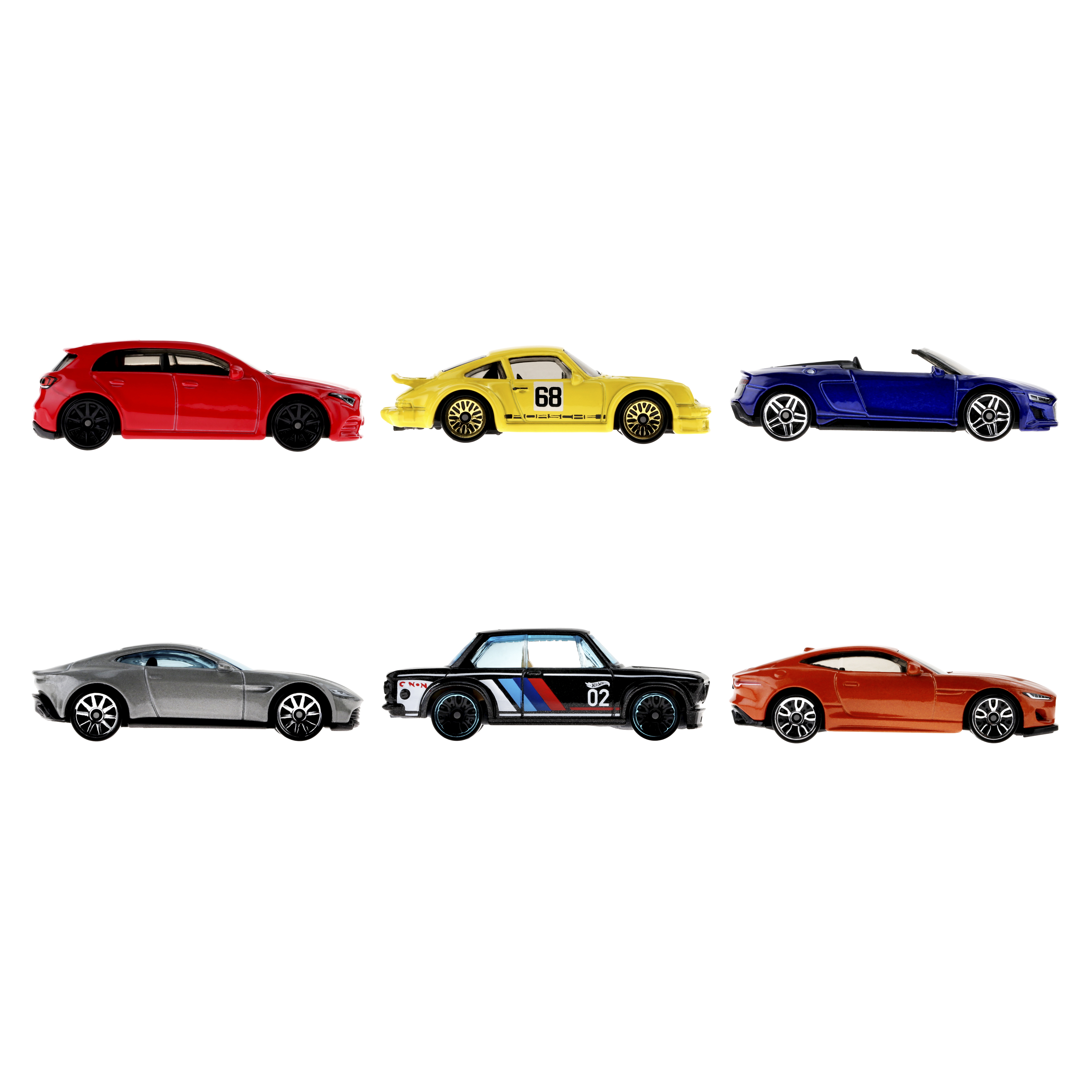 Sześć zabawek samochodów, różne kolory, ułożone na białym tle.