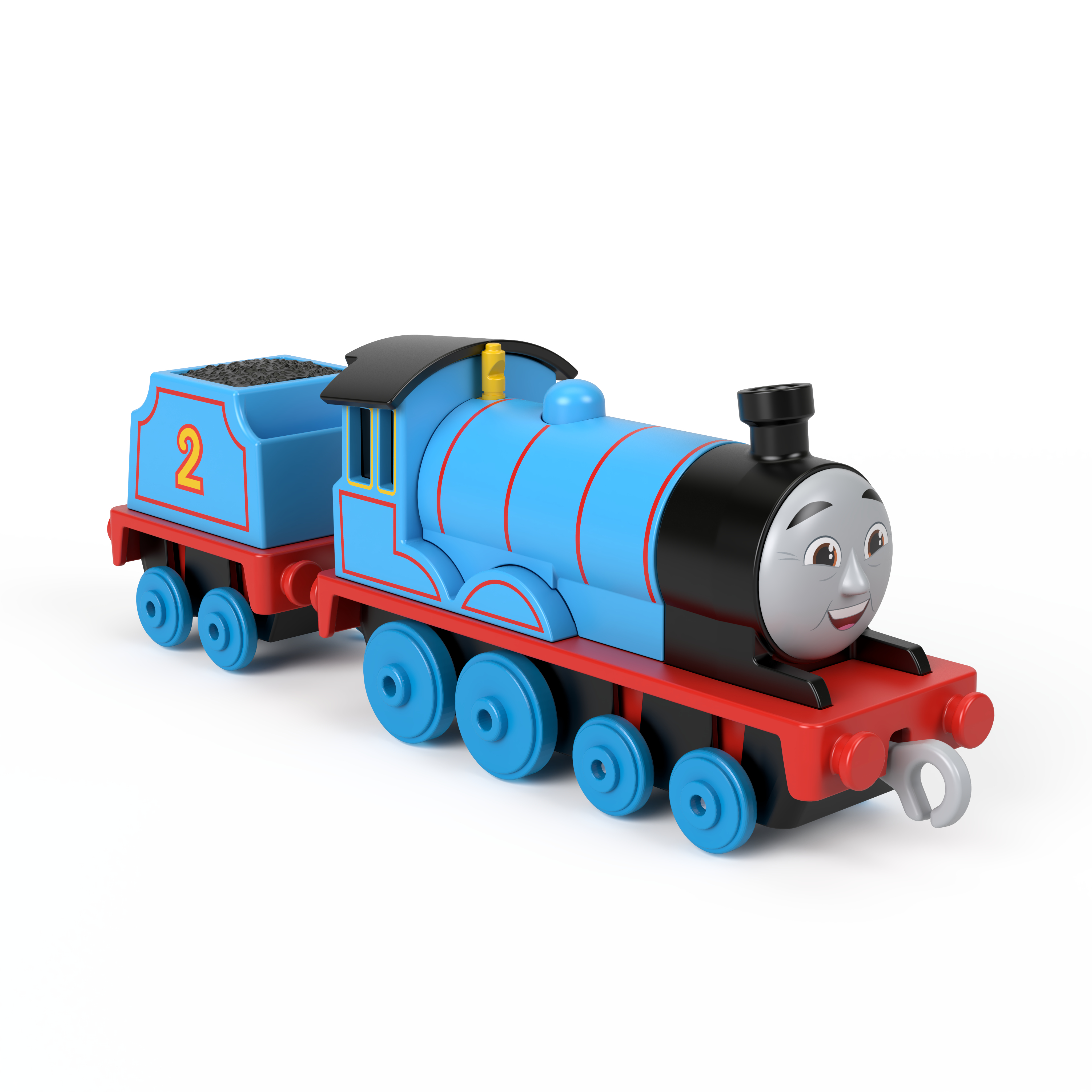 Eine blaue Thomas & Friends Spielzeugeisenbahn mit der Nummer 2 auf weißem Hintergrund.