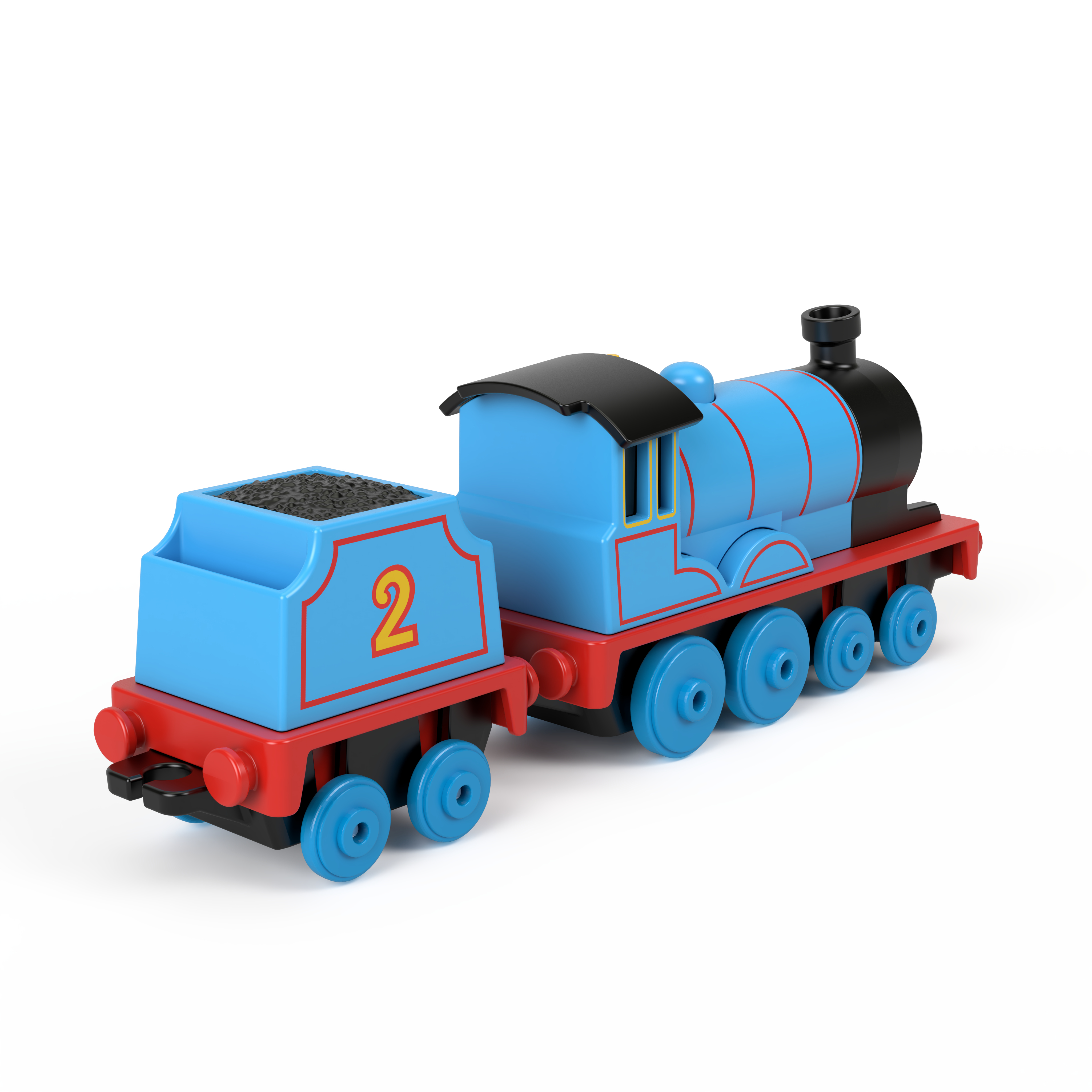 Ein blauer Spielzeugzug mit einem Kohlewagen. Die Nummer zwei ist sichtbar.