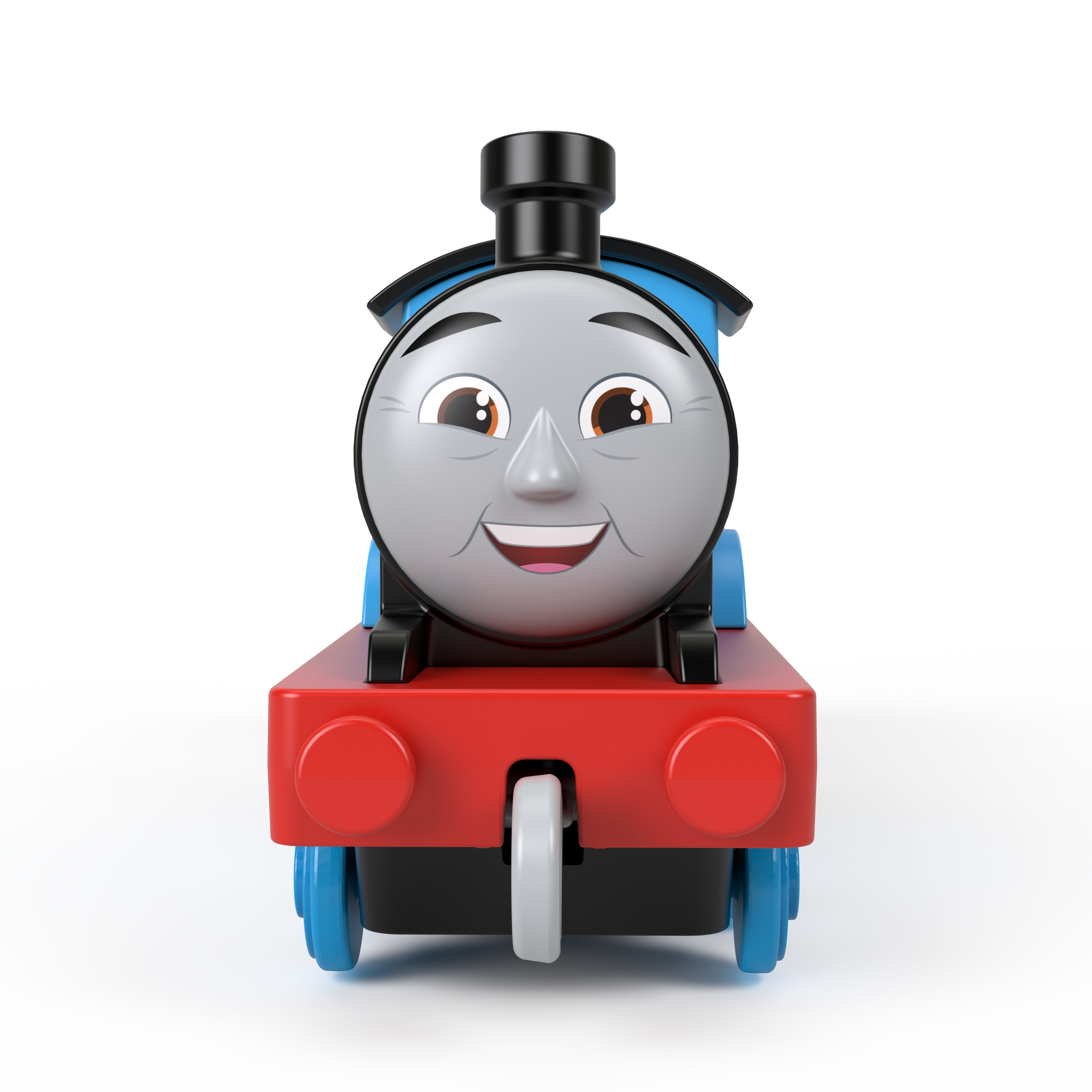 Thomas die Tank Engine Spielzeug, lächelndes Gesicht. Blauer Körper, rote Front, schwarze Details.