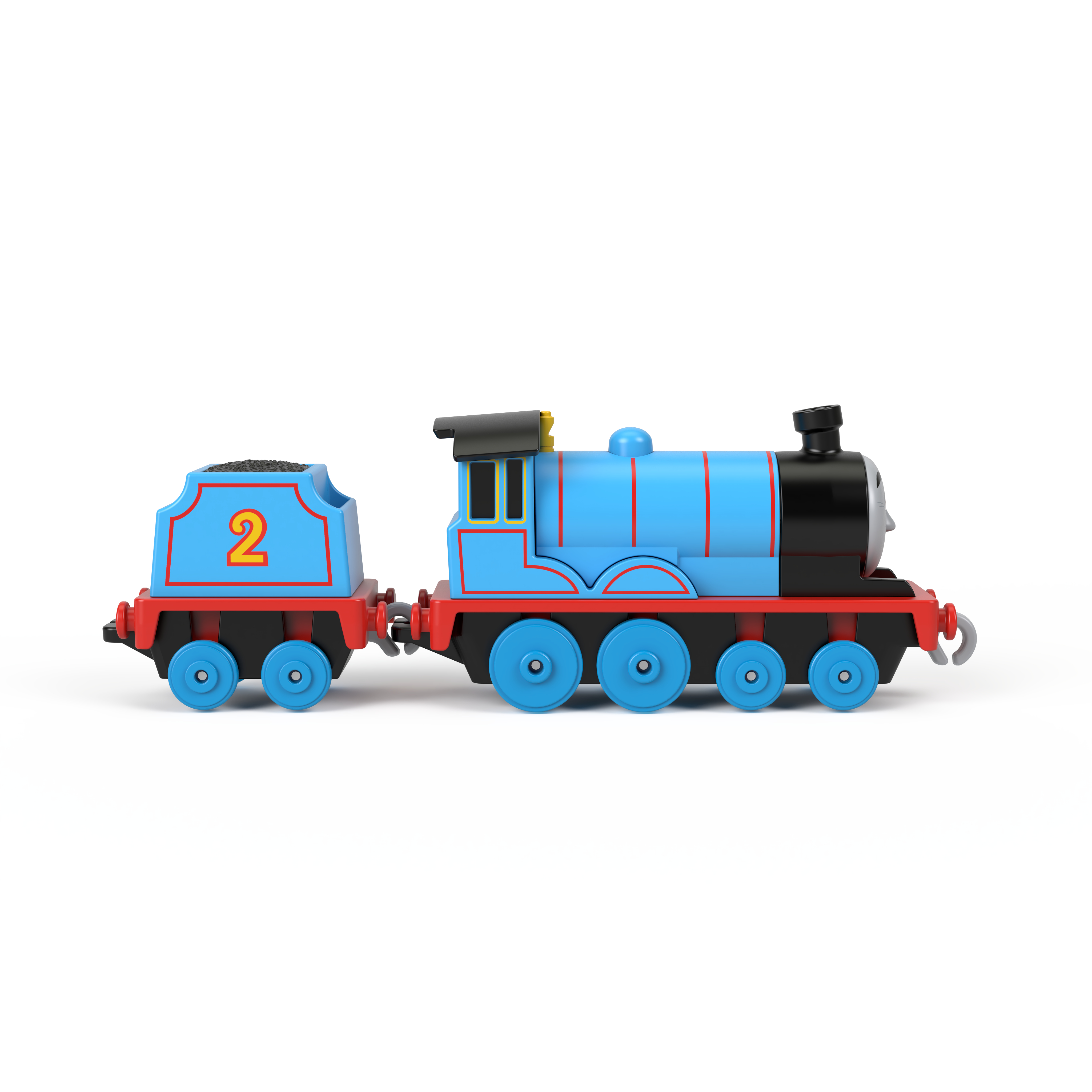 Eine blaue Thomas & Friends Spielzeugeisenbahn mit der Nummer 2 auf weißem Hintergrund.
