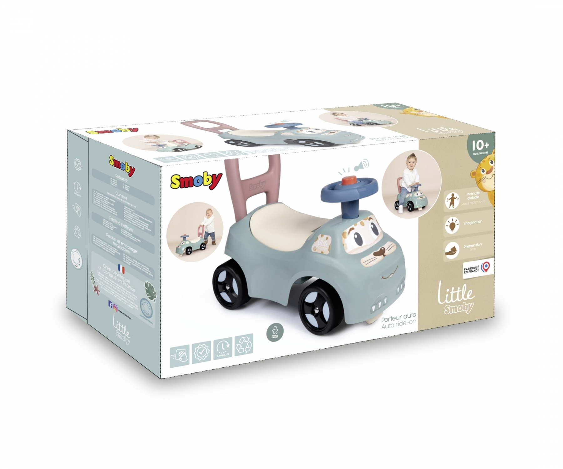 Macchina giocattolo cavalcabile in scatola, blu e bianca, design a cartoni animati.