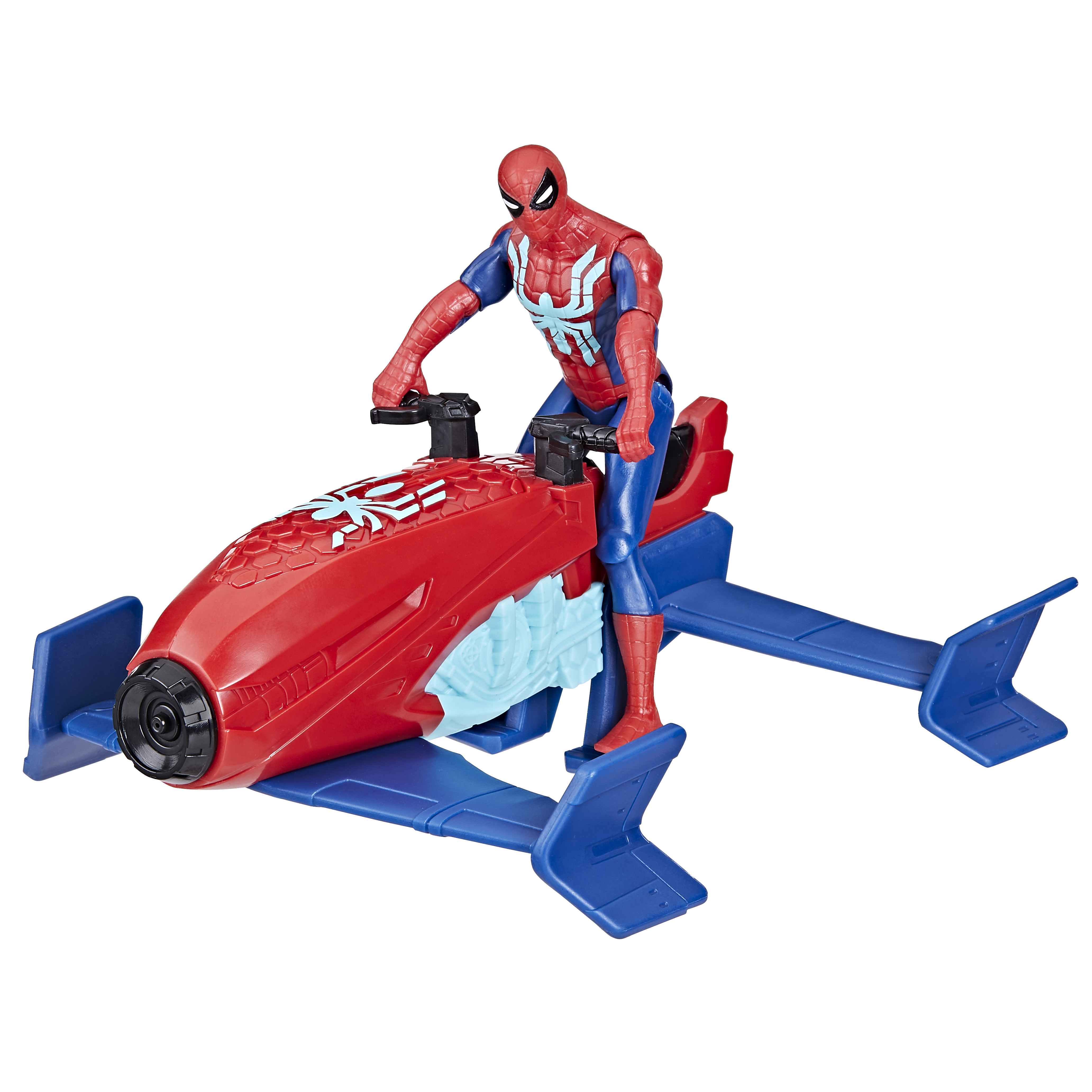 Figura de Spider-Man montada en un vehículo rojo y azul similar a un aerodeslizador con alas azules.