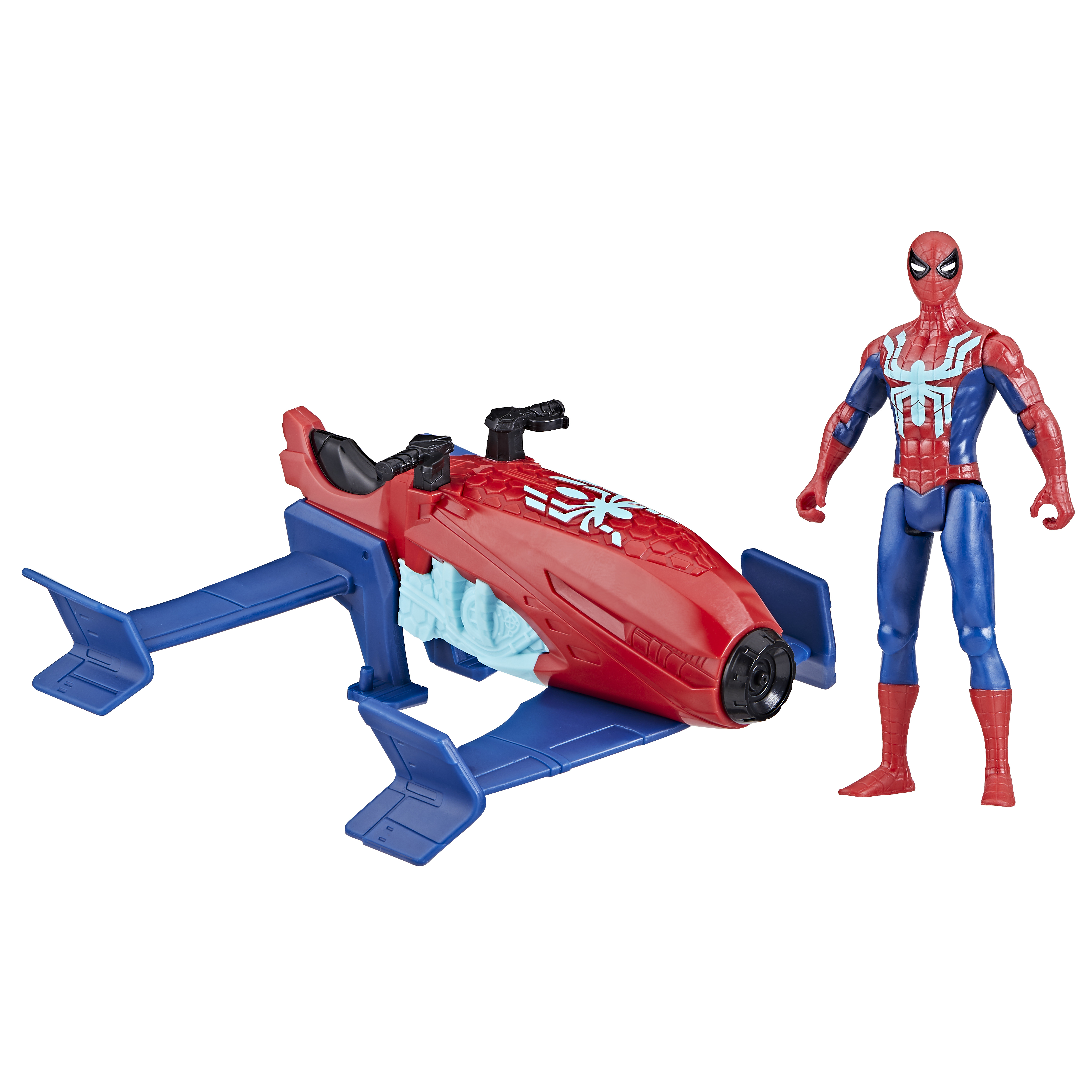 Figura de Spider-Man y vehículo rojo y azul similar a un aerodeslizador con alas azules.