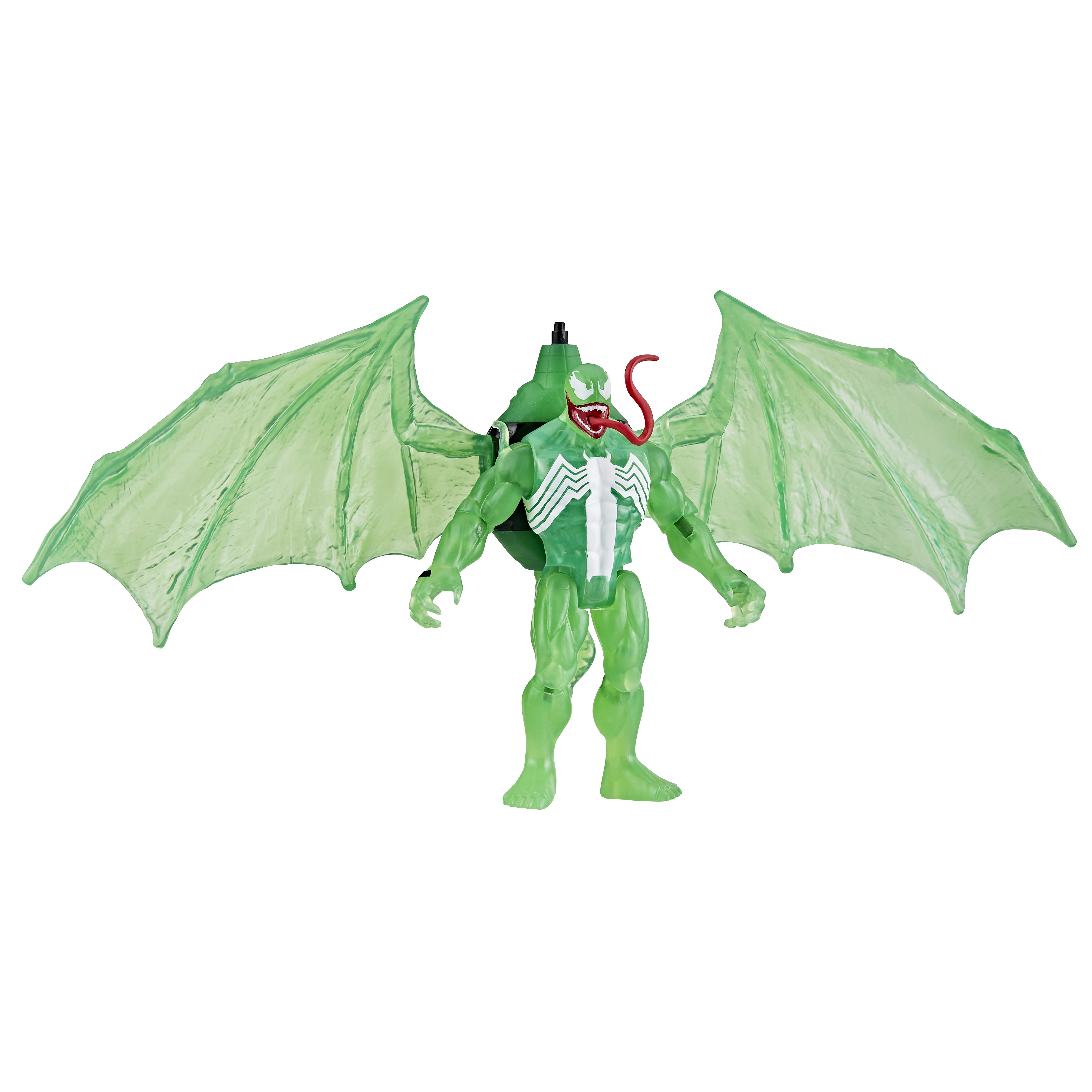 Figura verde de Venom con alas, lengua roja y logo blanco.