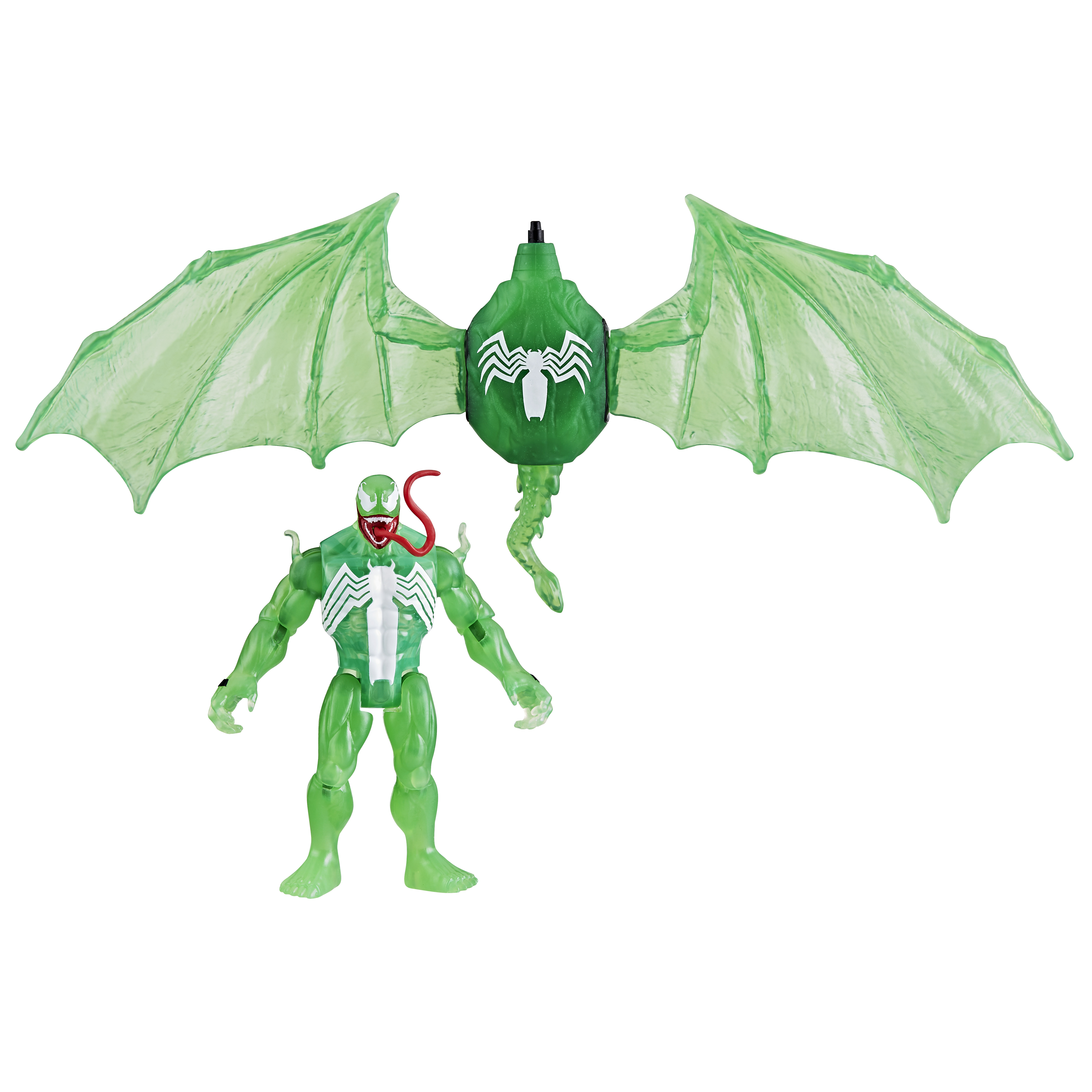 Una figura verde de Venom con una estructura de alas verdes y una lengua roja afuera.