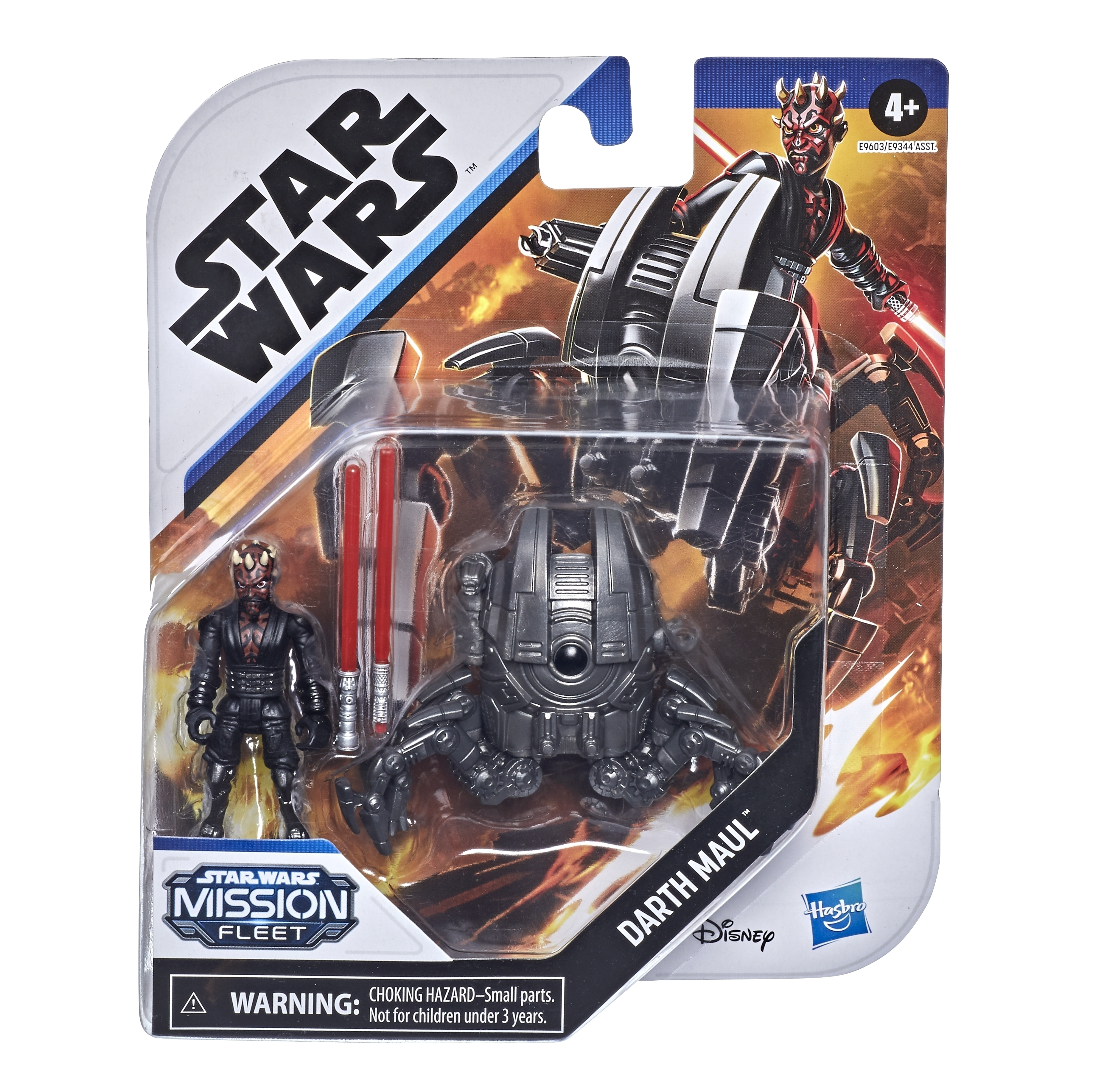 Set de figuras de Star Wars Darth Maul en embalaje con Darth Maul y su vehículo.