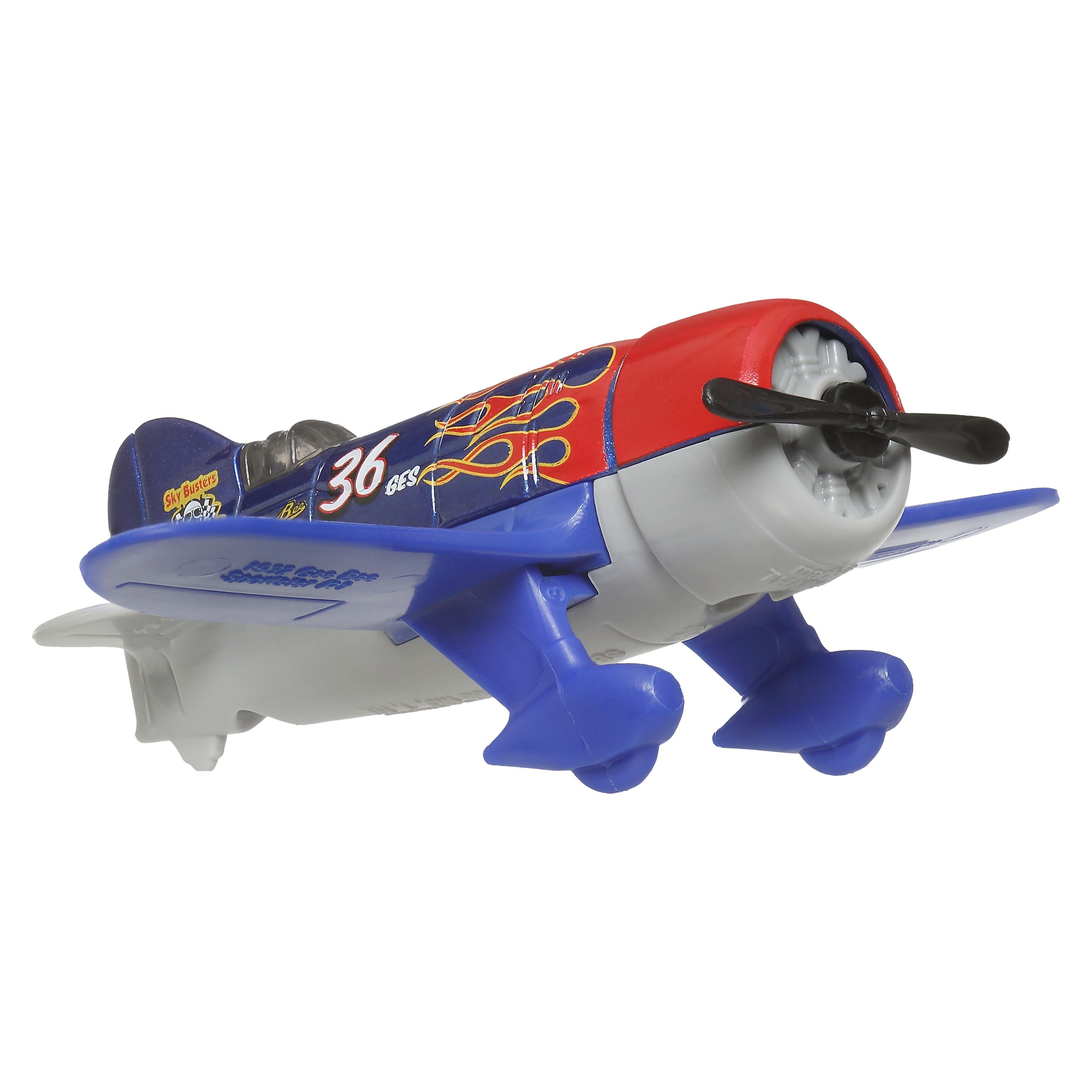 Blaues und rotes Spielzeugflugzeug mit Propeller und Flammen. Das Flugzeug hat blaue Flügel und eine rote Oberseite.