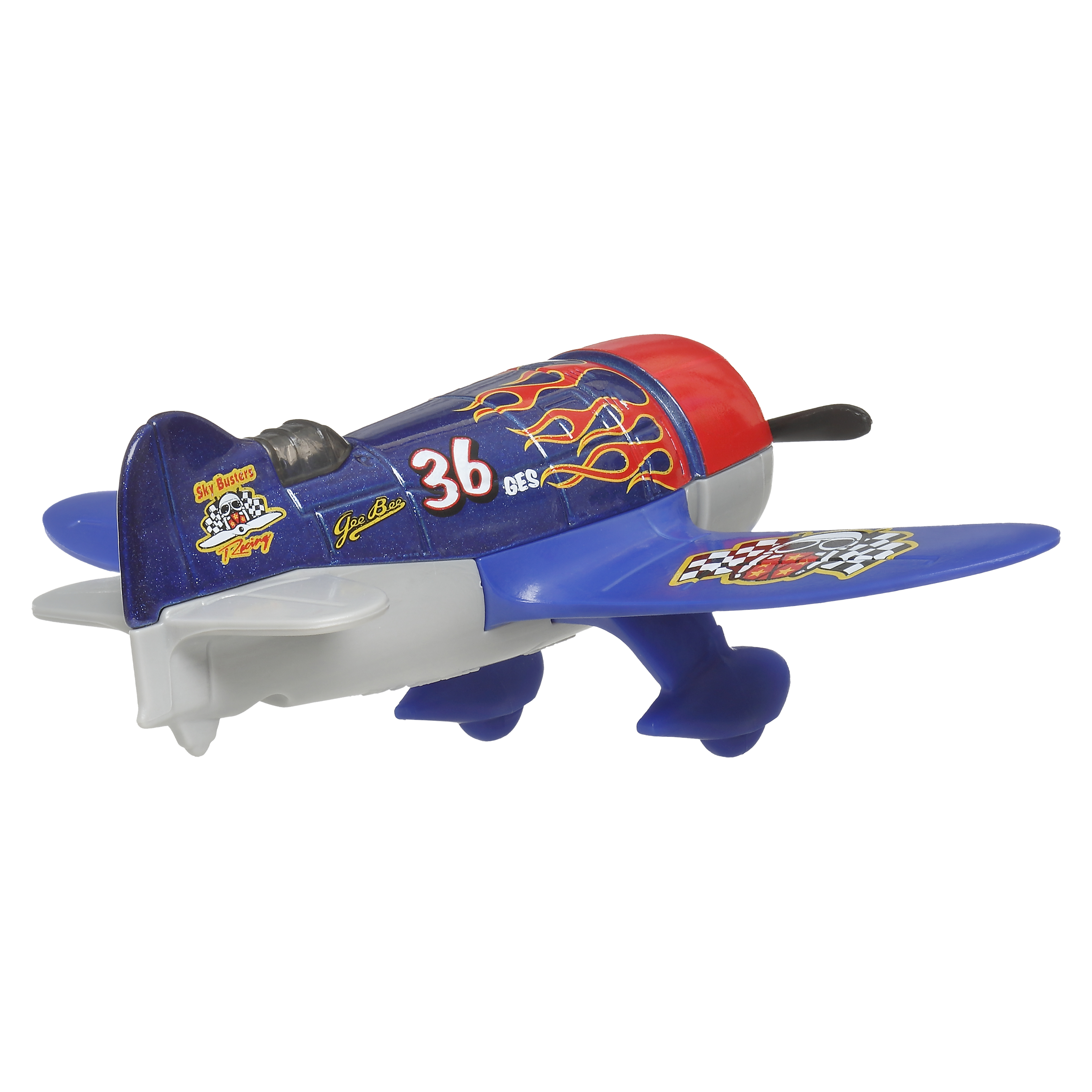 Blaues und rotes Flugzeugspielzeug mit Flammen und der Nummer 36.