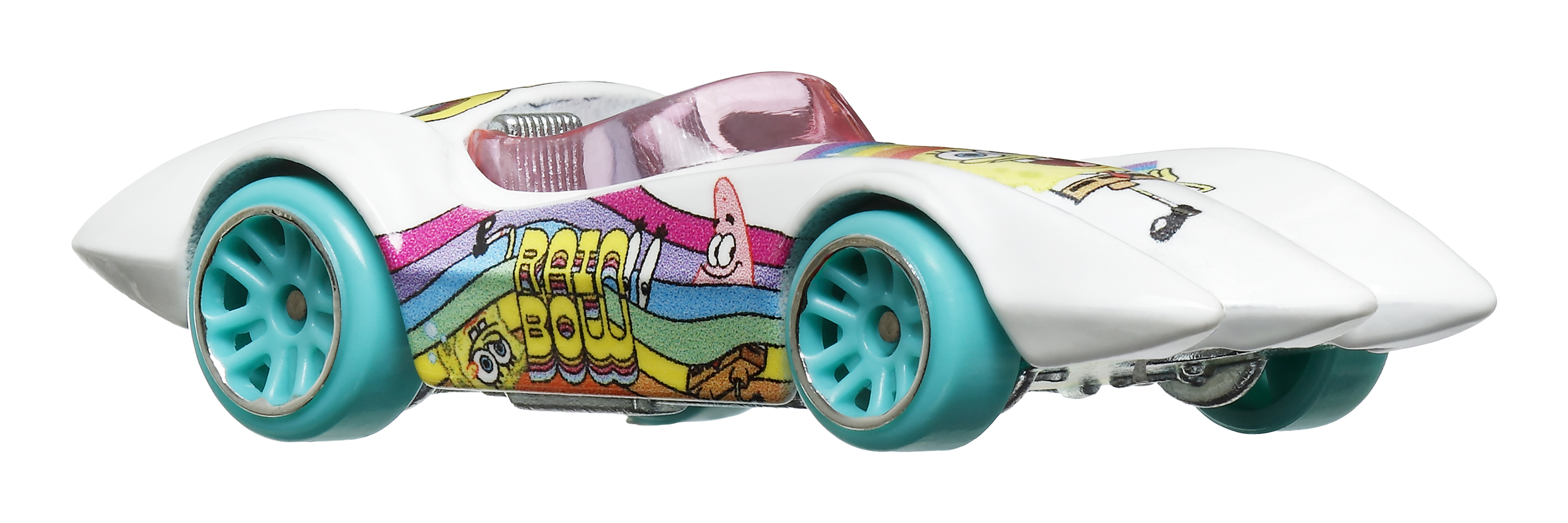 Weißes Spielzeugauto mit blauen Rädern, SpongeBob-Grafiken und einem Regenbogen-Design. Die Fenster sind rosa.