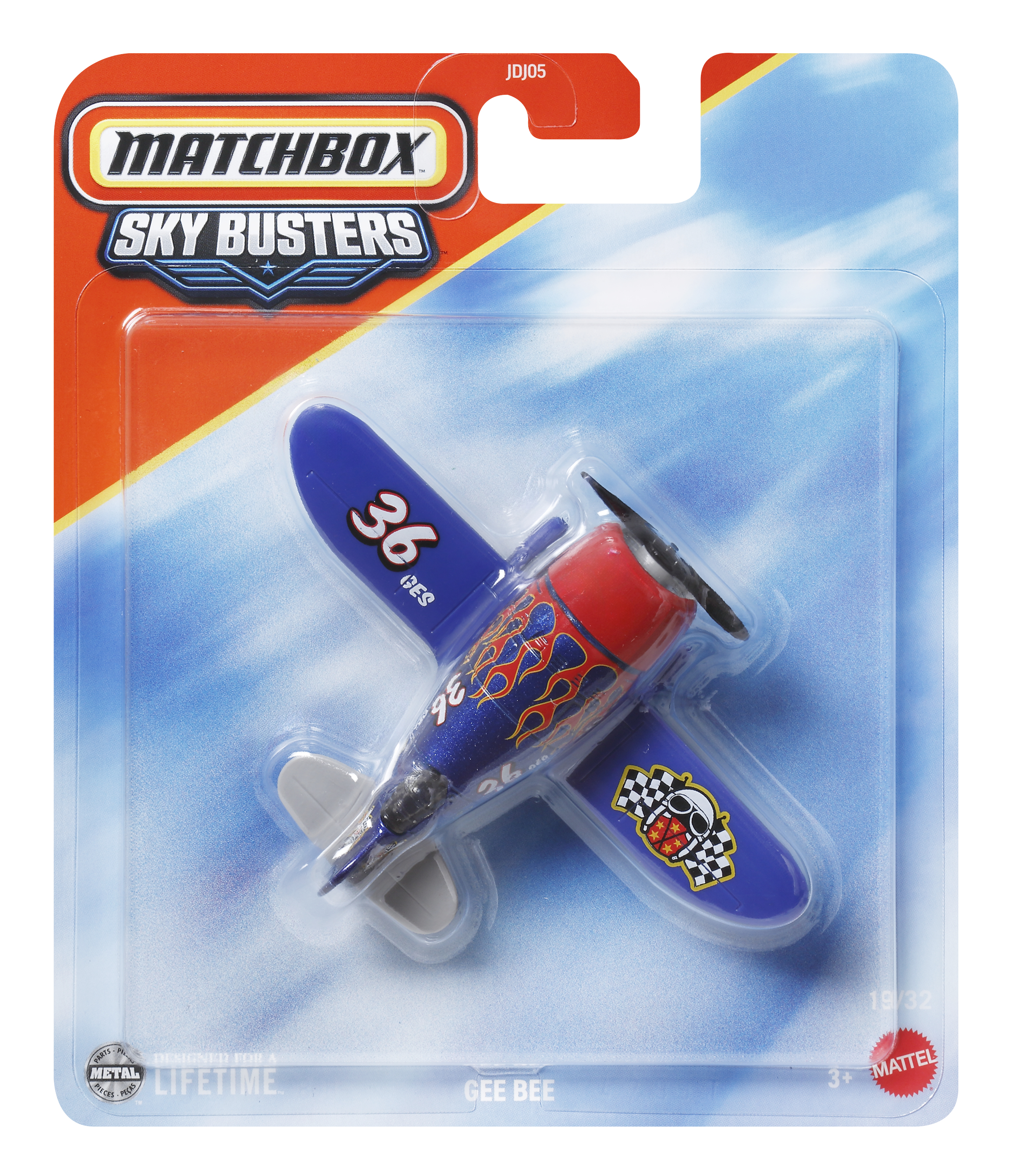 Blaues und rotes Flugzeugspielzeug in Verpackung. Nummer 36 auf dem Flugzeug, Name Gee Bee.