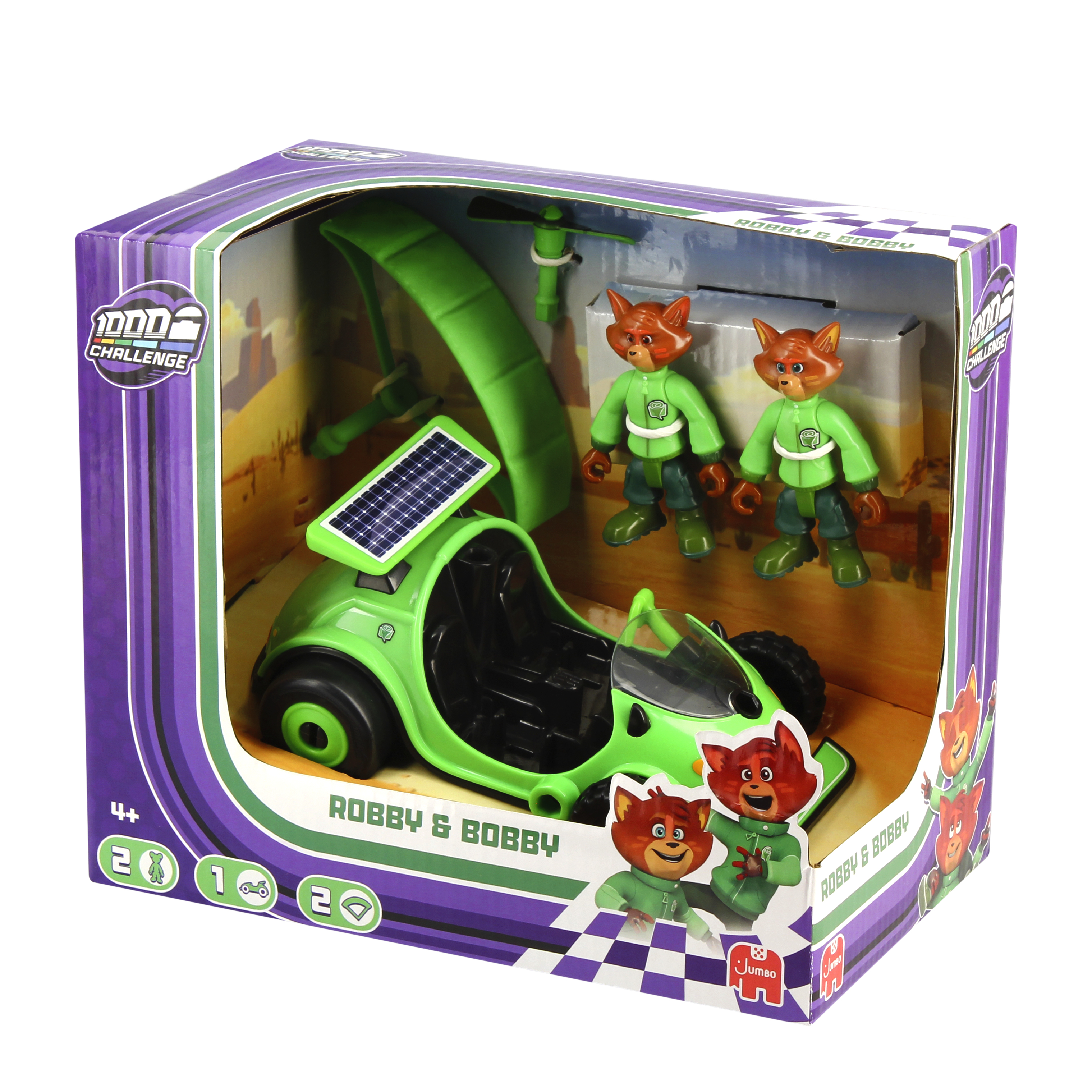 Grünes Spielzeugauto mit zwei Fuchsfiguren in einer Box. Das Auto hat ein Solarpanel und einen Propeller.