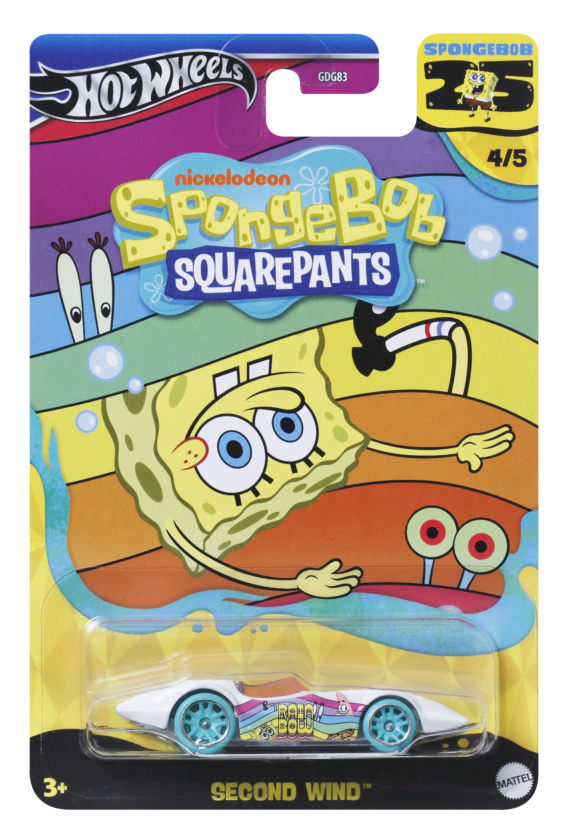 Weißes Auto-Spielzeug mit SpongeBob-Design in der Verpackung. Es ist ein Hot Wheels-Spielzeug.